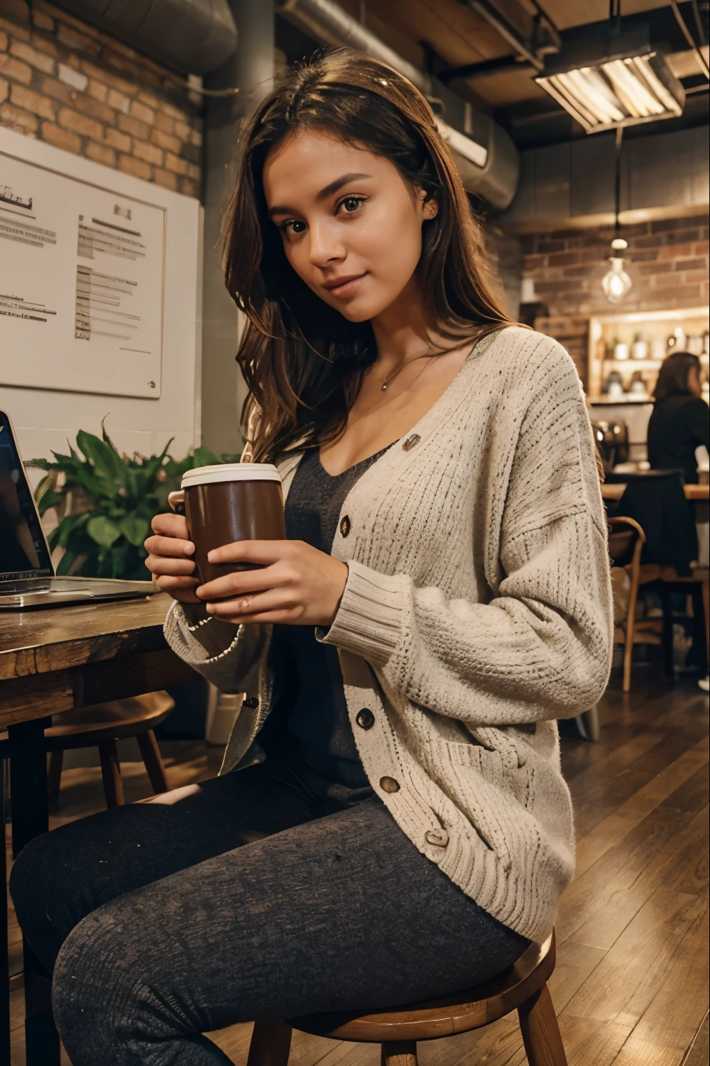 Show her in a cozy cafe or coworking space, working on her laptop with a cup of coffee nearby. She's dressed in comfortable yet stylish attire, like a sweater dress or oversized cardigan paired with leggings. The atmosphere is laid-back yet productive, with people focused on their work around her.