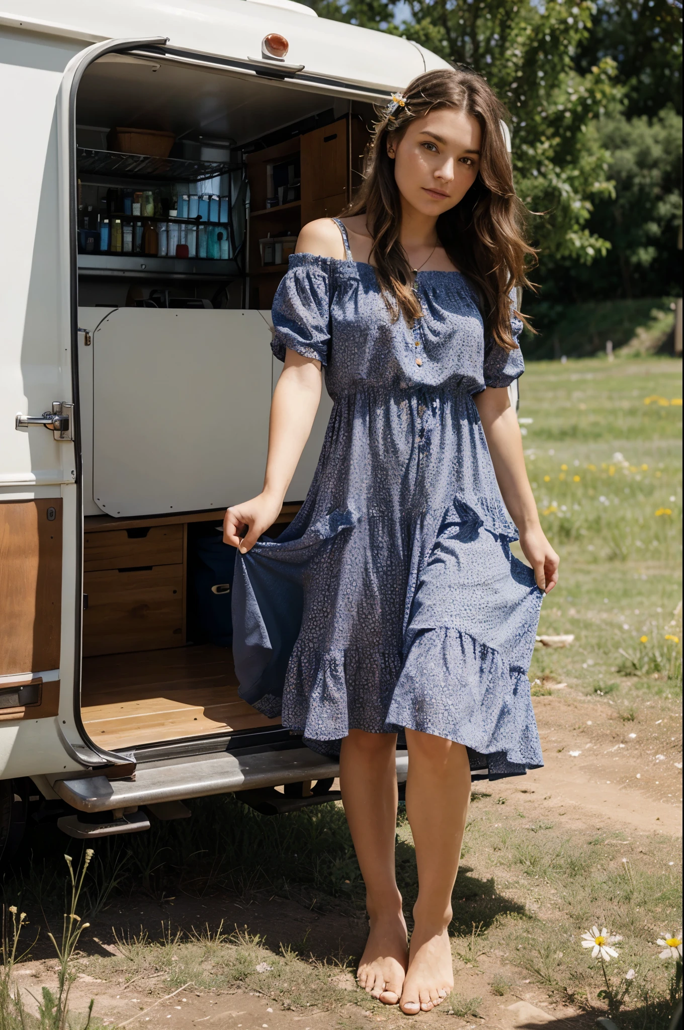 A flower-filled meadow with a vintage camper van in the background. Flowy bohemian dress with layered jewelry, barefoot with wildflowers in her hair , focus on the model's face. she has big , they are covered under her dress  -- hyperrealistic --ultrahd image -- award winning image