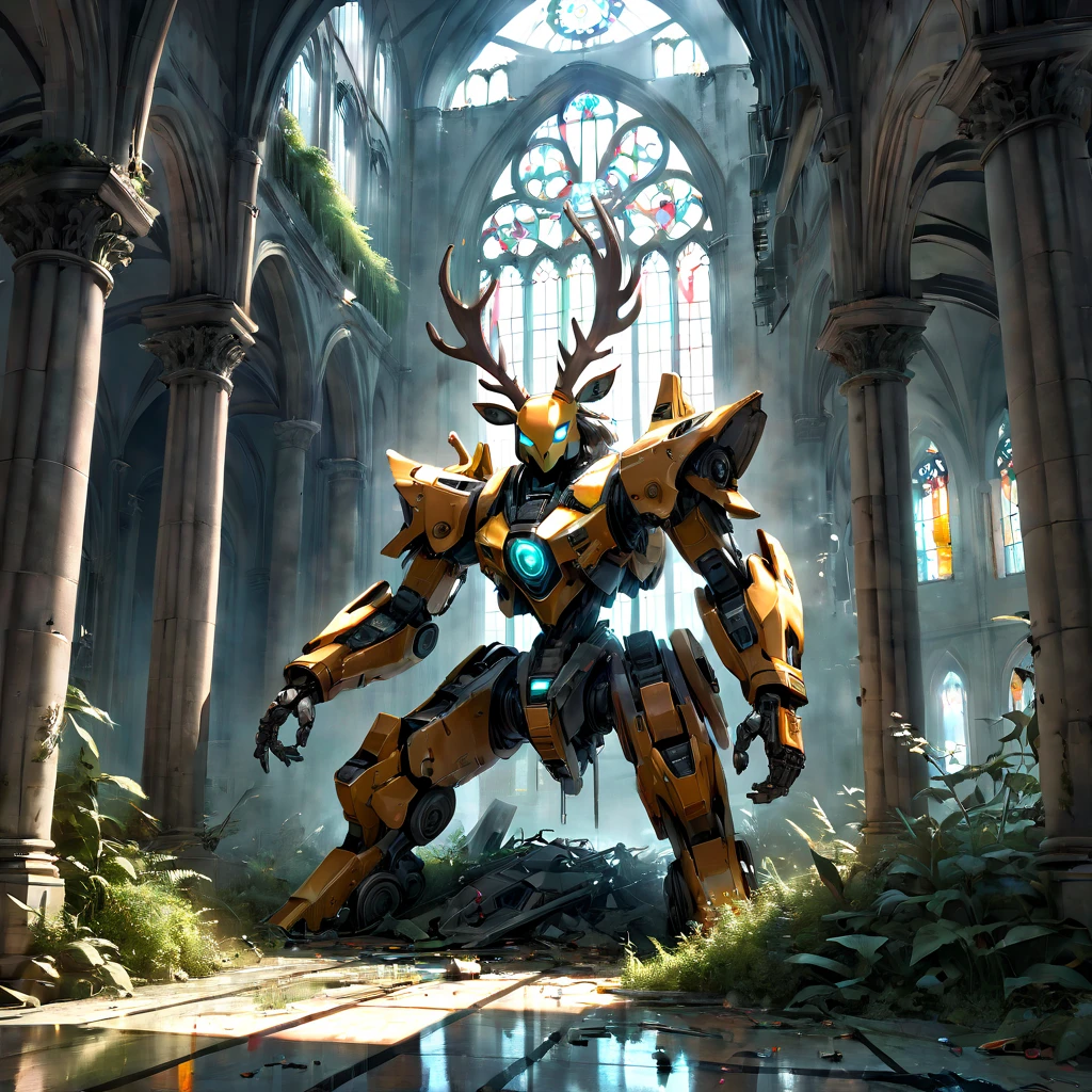 Abandoned Mech, aesthetic, extremely detailed, eye catching, drab, abandoned cathedral ruin, broken stained glass on the floor. Overgrown, city ruins, deer in the courtyard, a breathtaking artwork by Jean Baptiste Monge, Andree Wallin, Thomas Kincade, Geoffroy Thoorens, Krenz Cushart, Epic scale, highly detailed, clear environment, triadic colors cinematic light 16k resolution, Giant mecha robot rabbit abandoned!! :: concept art, 16k resolution digital art by Klaus Wittmann, Alejandro Burdisio, Ismail Inceoglu, Jeremy Mann, Ilya Kuvshinov, highly detailed, hyperrealistic, volumetric lighting, Muted colors, striking, beautifully lit, smooth sharp focus, trending on Artstation