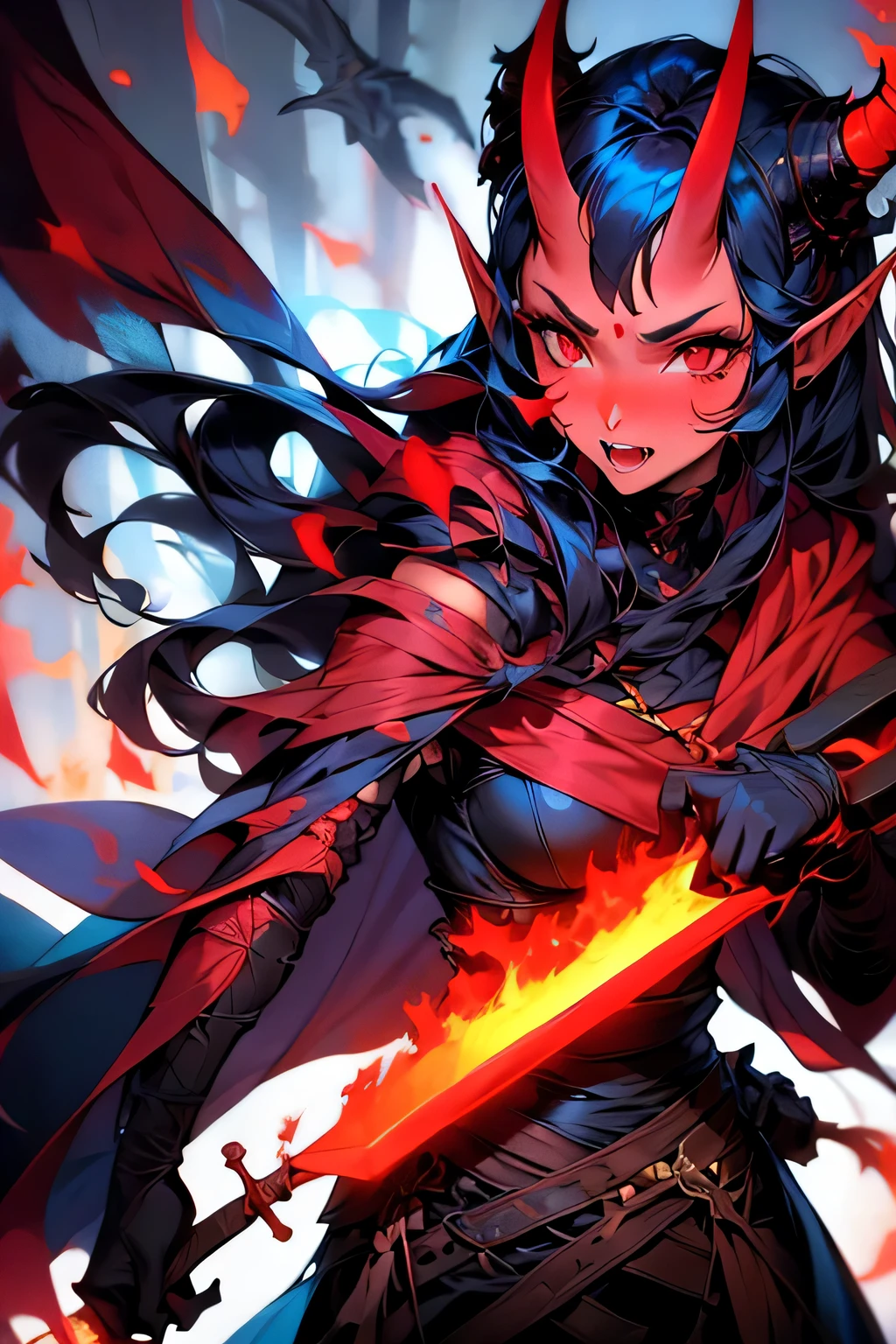 1 portrait of mature girl, red skin, long black hair with curtain bangs, sharp teeth, elf ears, red eyes, horns on forehead, oni horns, holding sword, weapon, 8k, highdef, ultrares