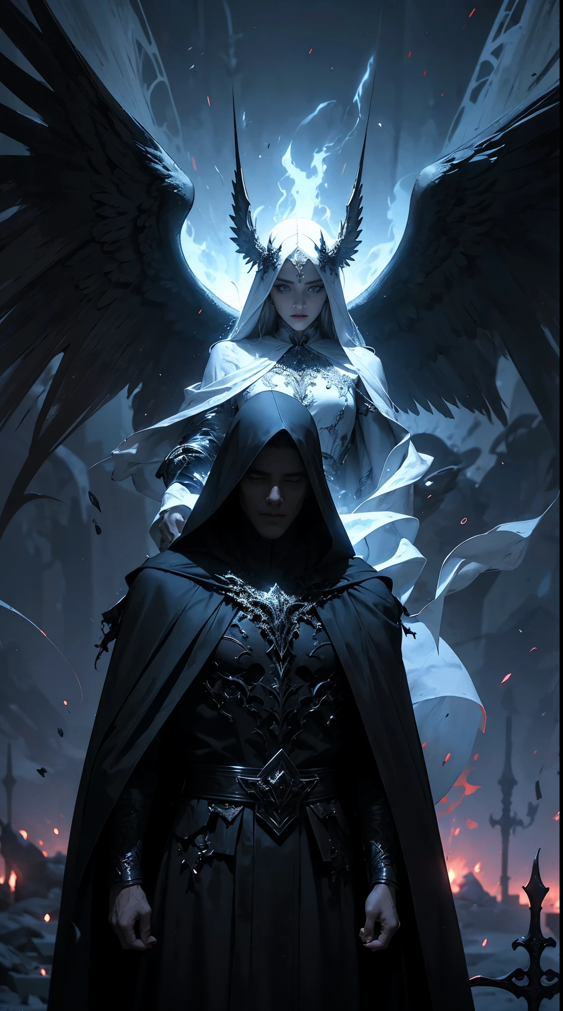 Striking illustration of the Angel of Death., A mysterious and ethereal figure who guards the threshold between life and death.. His presence is enigmatic and powerful...., con alas inmensas que se extienden hacia el horizonte y una mirada penetrante que transmite serenidad y temor. He uses cool tones and deep shadows to emphasize his ethereal nature and his connection to the realm of death......(dark lighting), ( ethereal lighting),(Spectral illumination)