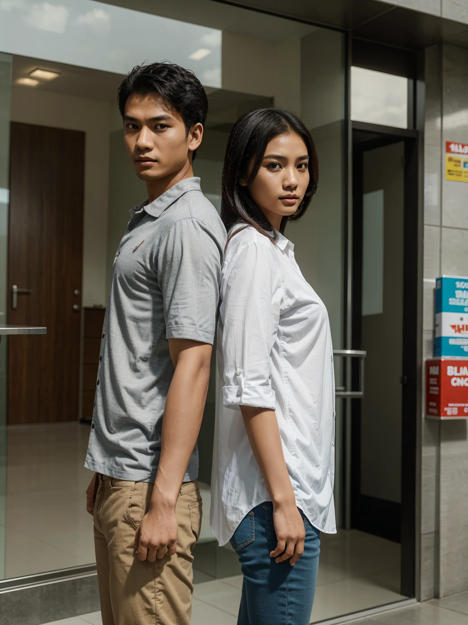 an indonesian man and an indonesian woman standing next to each other, an image, inspired by Adam Dario Keel, which is trending in the cg community, a handsome young indonesian man with a beautiful young indonesian woman, a man dressed in a shirt and a woman dressed in Casual, movie screencap , model elisajes from acquamodels