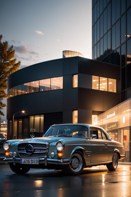 Mercedes simplex. Standing opposite the Mercedes-Benz Museum in Stuttgart. Evening time of the day. 21:00 time. excellent lighting, burning lamps.