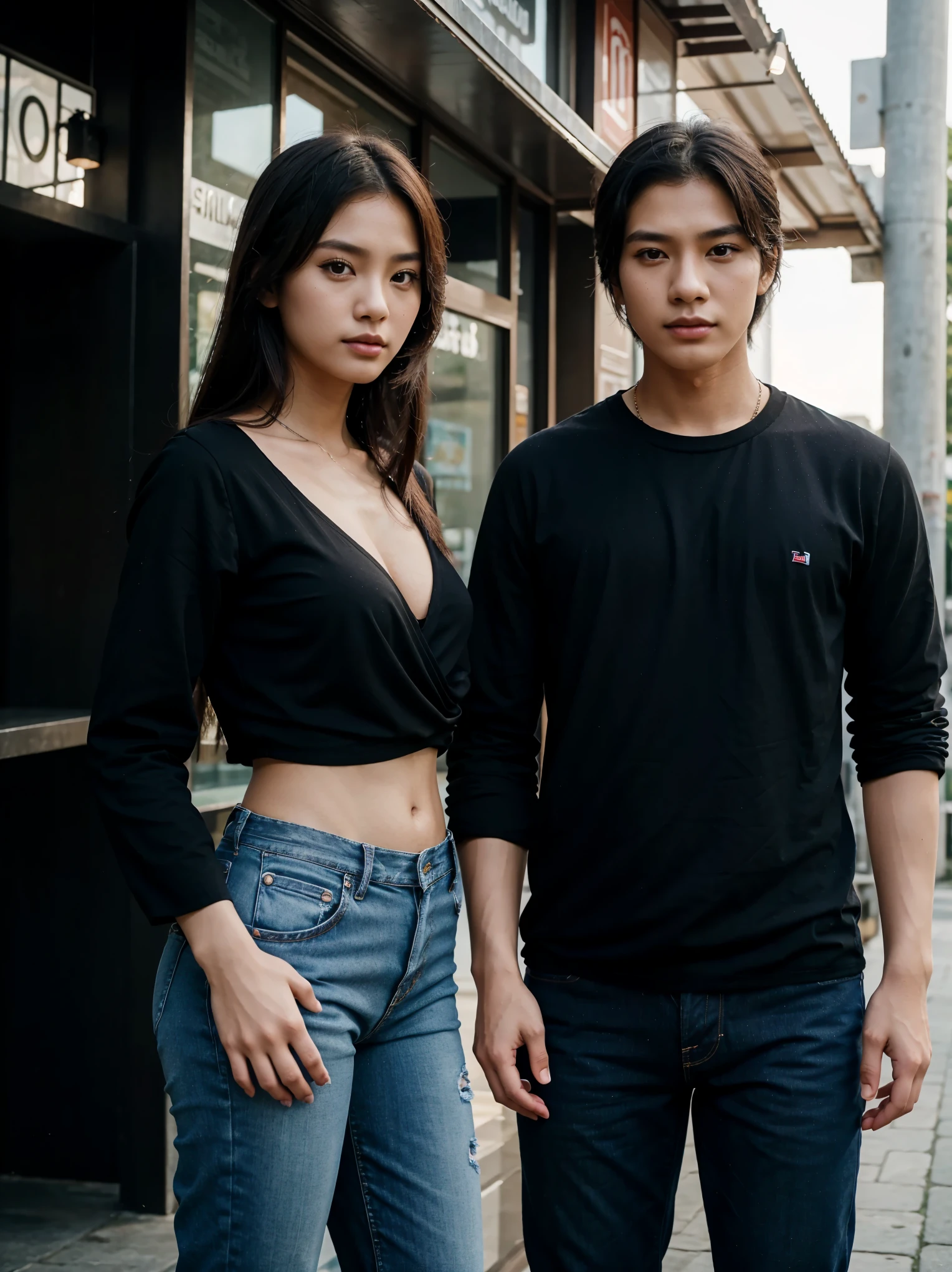 a man and a woman standing next to each other at a tourist spot in indonesia, an image, inspired by Adam Dario Keel, which is trending in the cg community, beautiful young Korean woman dressed in black party dress, jeans, movie screencap, model elisajes from acquamodels