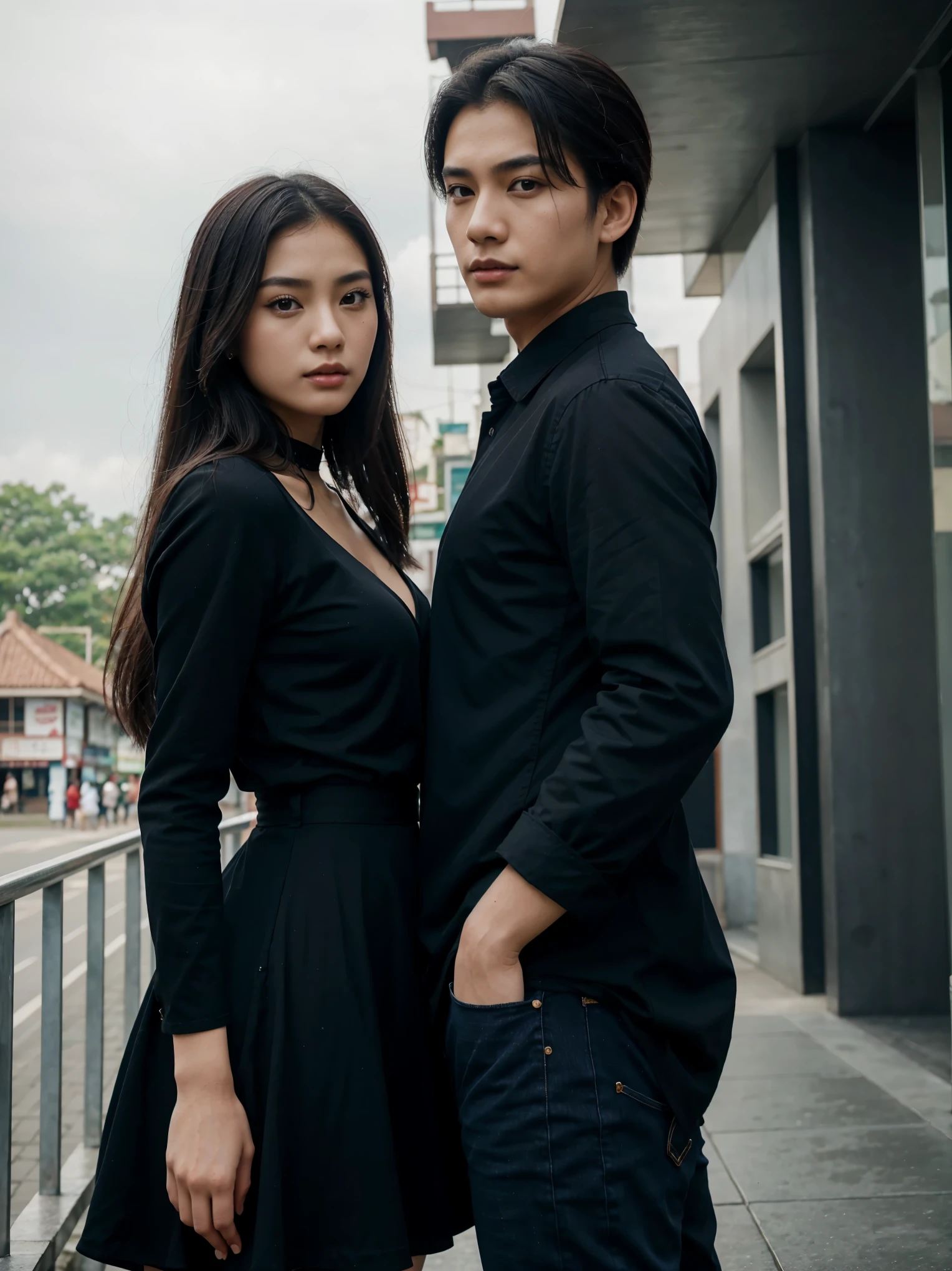 a man and a woman standing next to each other at a tourist spot in indonesia, an image, inspired by Adam Dario Keel, which is trending in the cg community, beautiful young Korean woman dressed in black party dress, jeans, movie screencap, model elisajes from acquamodels