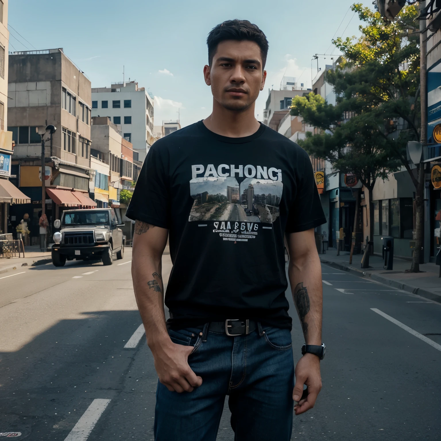 a man standing in front of a Jeep. The man was wearing a black t-shirt with the words “PACAPA” and jeans and holding an automatic weapon. The background shows a busy city street with buildings and trees on the side of the road. masterpiece, ultra hd, ultra realistic, intricate details, 32k, highly detailed image