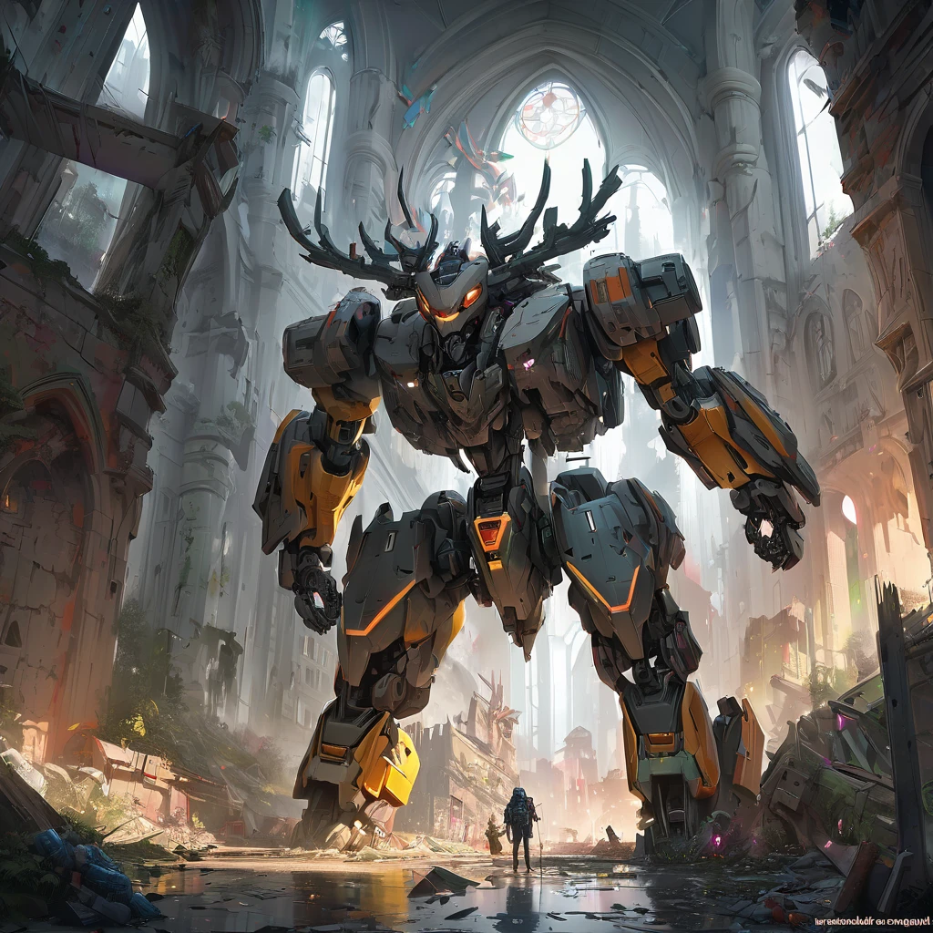 Abandoned Mech, aesthetic, extremely detailed, eye catching, drab, abandoned cathedral ruin, broken stained glass on the floor. Overgrown, city ruins, deer in the courtyard, a breathtaking artwork by Jean Baptiste Monge, Andree Wallin, Thomas Kincade, Geoffroy Thoorens, Krenz Cushart, Epic scale, highly detailed, clear environment, triadic colors cinematic light 16k resolution, Giant mecha robot rabbit abandoned!! :: concept art, 16k resolution digital art by Klaus Wittmann, Alejandro Burdisio, Ismail Inceoglu, Jeremy Mann, Ilya Kuvshinov, highly detailed, hyperrealistic, volumetric lighting, Muted colors, striking, beautifully lit, smooth sharp focus, trending on Artstation