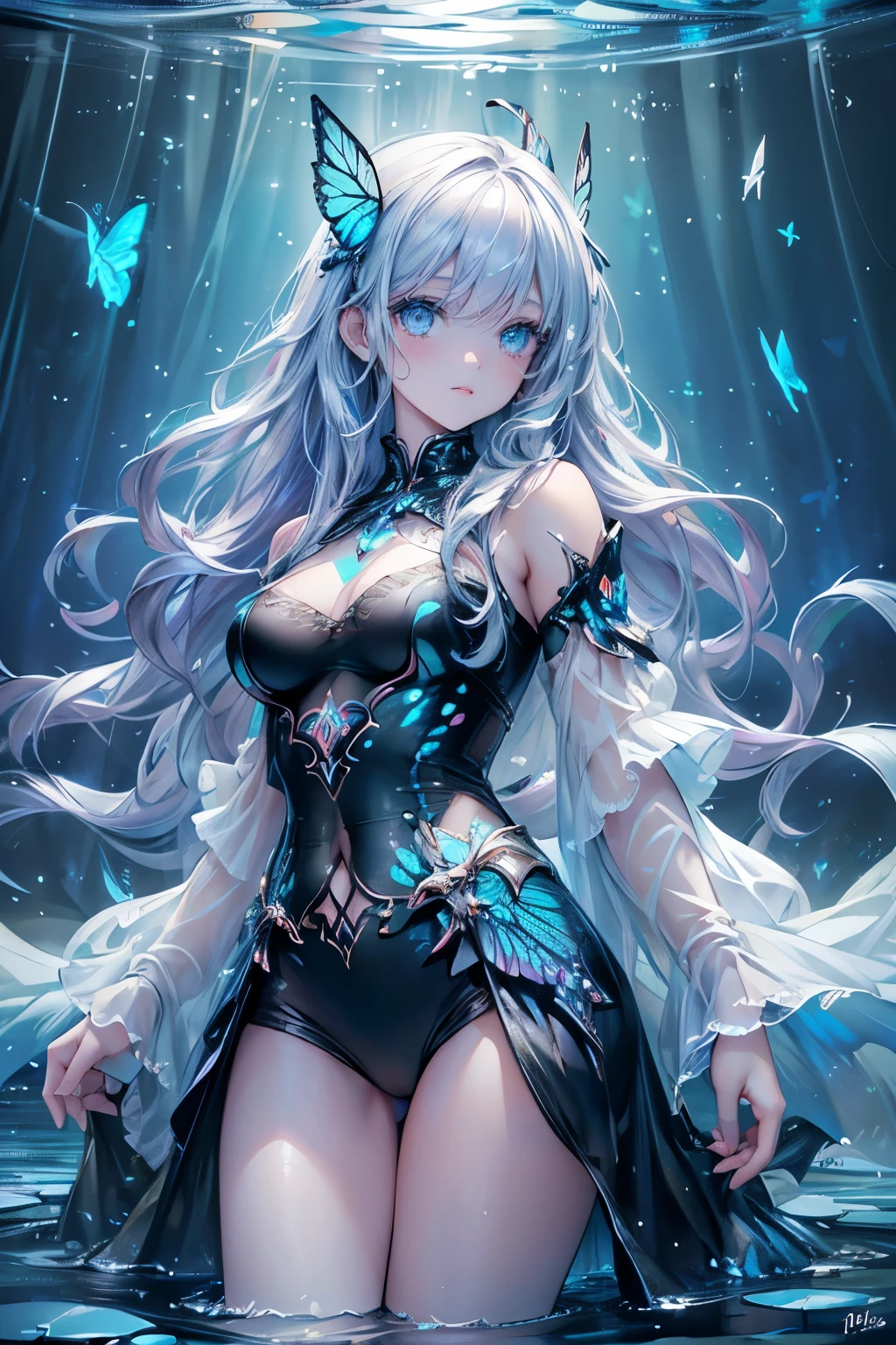 (best quality,highres,masterpiece:1.2),ultra-detailed,realistic,detailed face,butterflies, beautiful eyes, long eyelashes, fairy-like, flowing hair, vibrant colors, glowing neon lights, magical, enchanting scene, water reflection, ethereal atmosphere, woman standing in water, graceful pose