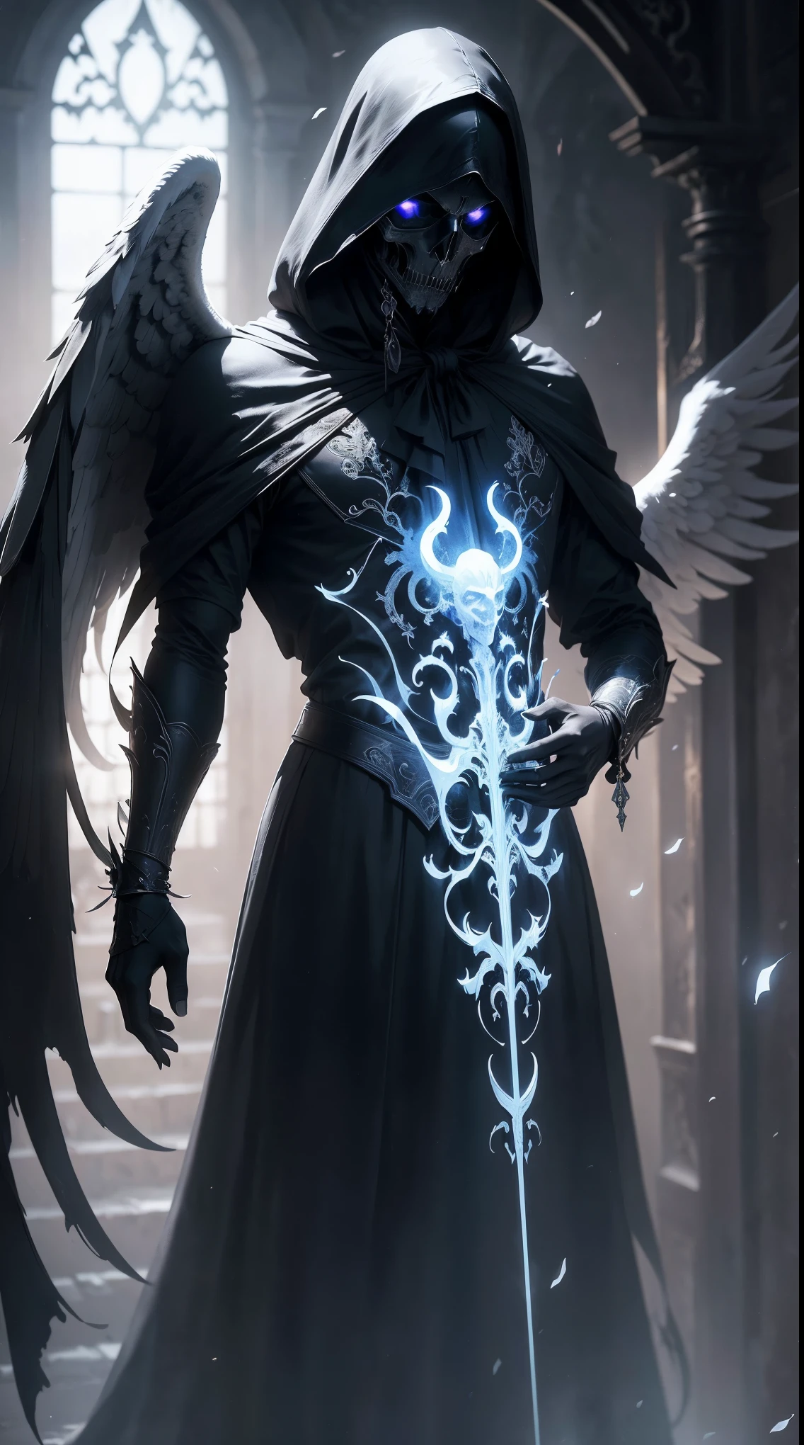 Striking illustration of the Angel of Death., A mysterious and ethereal figure who guards the threshold between life and death.. His presence is enigmatic and powerful...., con alas inmensas que se extienden hacia el horizonte y una mirada penetrante que transmite serenidad y temor. He uses cool tones and deep shadows to emphasize his ethereal nature and his connection to the realm of death......(dark lighting), ( ethereal lighting),(Spectral illumination)