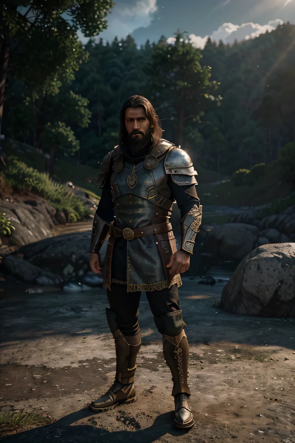 Image of the biblical character, homem de 35 anos, cabelo cacheado preto, Brave appearance, Standing, pose destemida, camera de longe((wearing tunic)), lighting coming towards you from the clouds, ((ambiente com montanhas)), (professional 3d rendering: 1.3)(Realista: 1.3) ((luz de fundo, ambiente majestoso)), ((8k corpo todo unit rendering)), rosto detalhado, (vibrante, Sobre Fotoreal, Realista, Dramatic, escuro, sharp focus, 8K), (intricado: 1.4), Deteriorado, (altamente detalhado: 1.4), pintura digital, octane rendering, art stations, arte conceitual, Concentre-se na suavidade, clear illustrations (Global illumination, studio light, volumetric light)