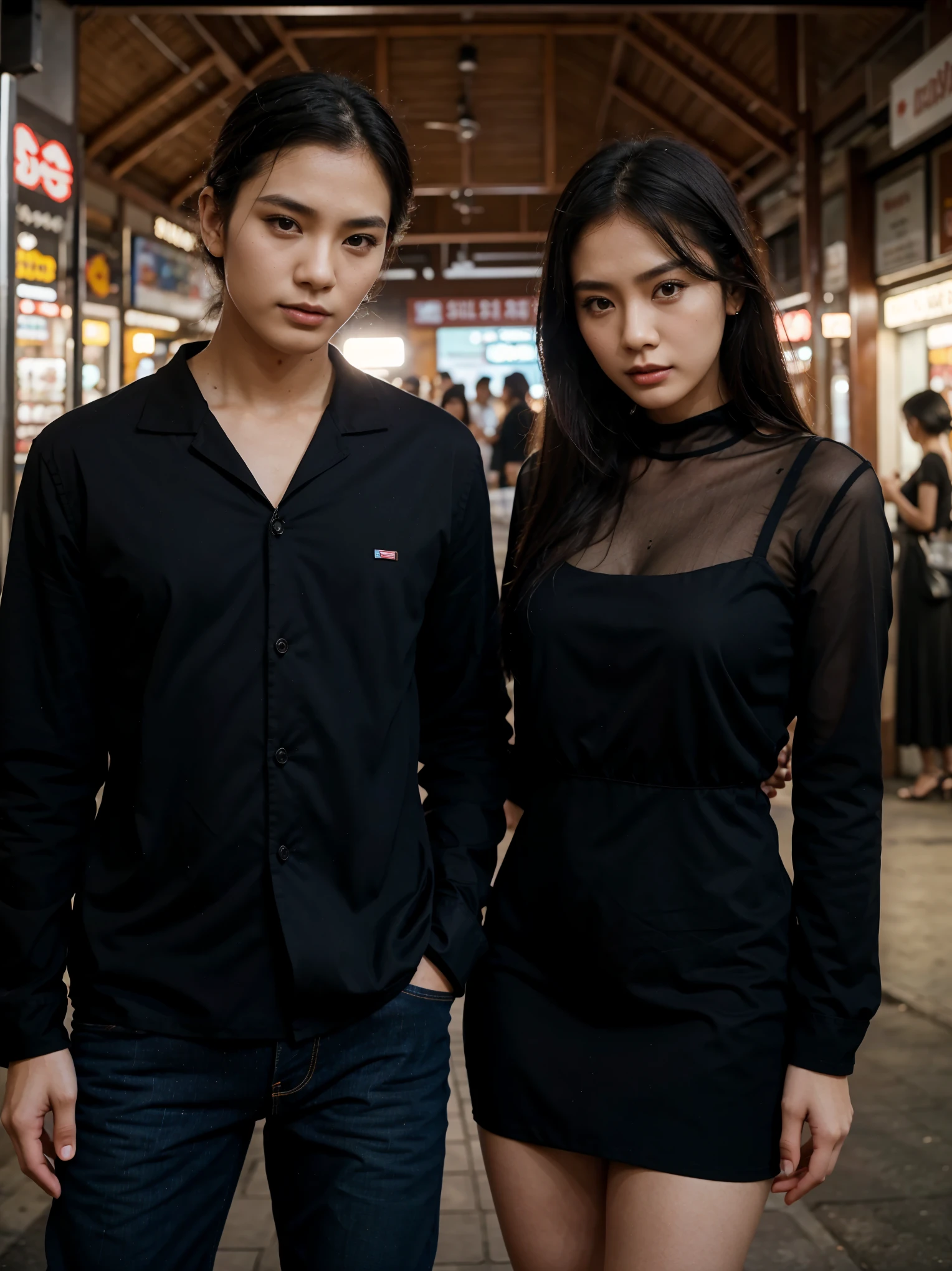 a man and a woman standing next to each other at a tourist spot in indonesia, an image, inspired by Adam Dario Keel, which is trending in the cg community, beautiful young Korean woman dressed in black party dress, jeans, movie screencap, model elisajes from acquamodels