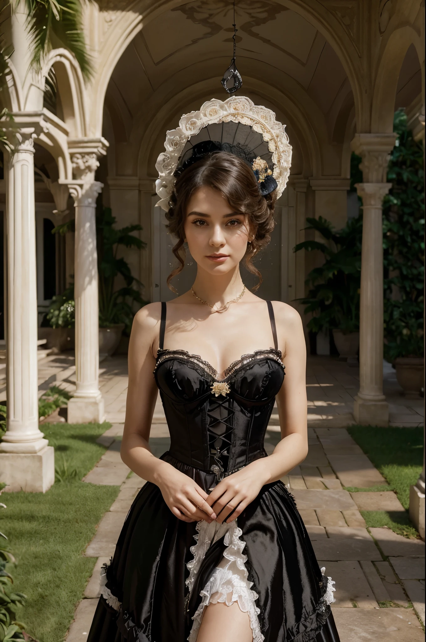 ((  hyper-realistic image)) A grand, historical mansion with ornate architecture and lush gardens. Style: A high-necked Victorian-style gown with lace detailing and a corseted bodice, paired with long gloves and a wide-brimmed hat adorned with feathers and ribbons. Accessories include a vintage parasol and a cameo brooch. Hair styled in an intricate updo with curls cascading down. In the cinematic short, the virtual influencer explores the opulent mansion, gliding gracefully through its halls and admiring the intricate décor. She pauses in the garden, her parasol casting delicate shadows as she gazes into the distance, exuding timeless elegance and sophistication.