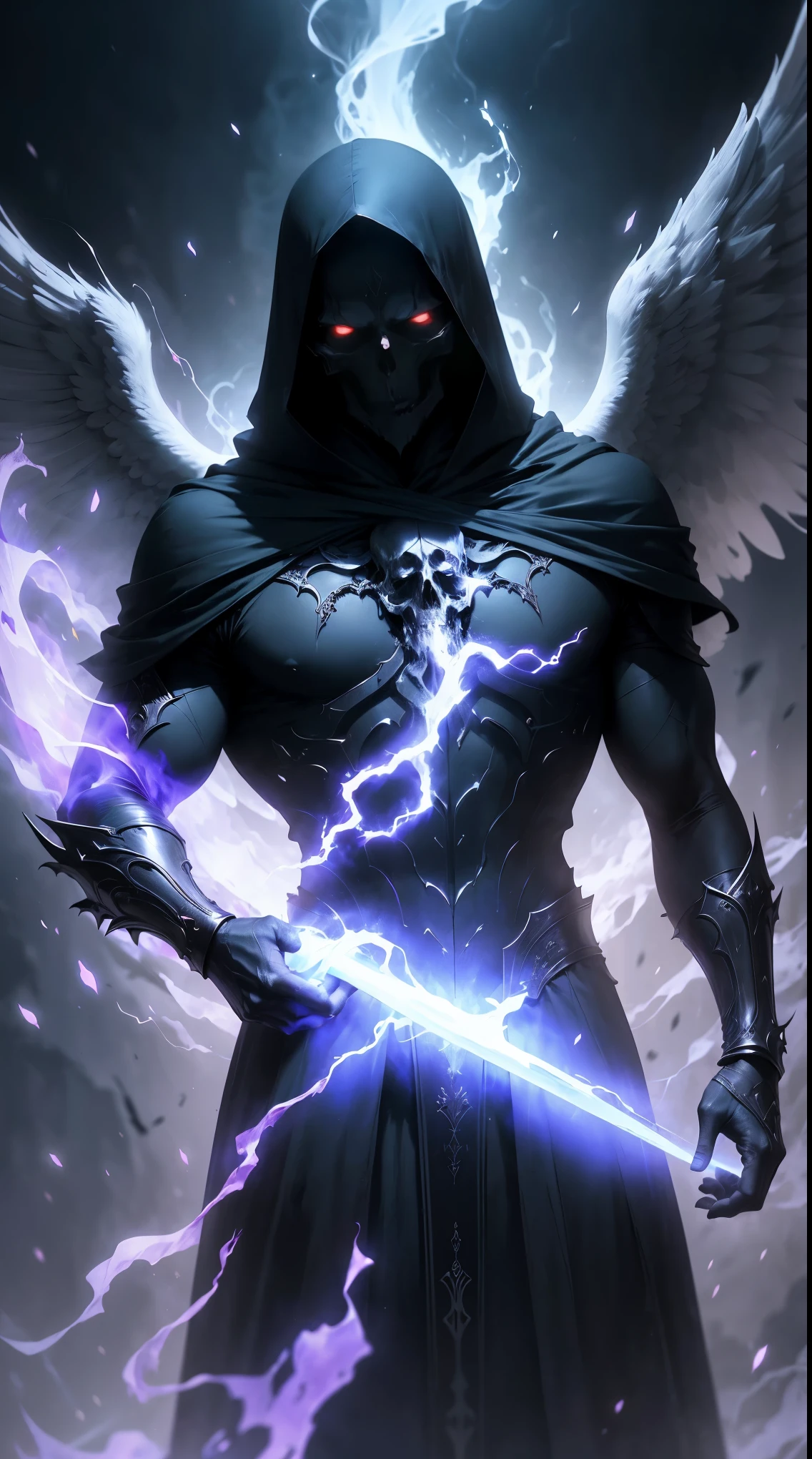 Striking illustration of the Angel of Death., A mysterious and ethereal figure who guards the threshold between life and death.. His presence is enigmatic and powerful...., con alas inmensas que se extienden hacia el horizonte y una mirada penetrante que transmite serenidad y temor. He uses cool tones and deep shadows to emphasize his ethereal nature and his connection to the realm of death......(dark lighting), ( ethereal lighting),(Spectral illumination)