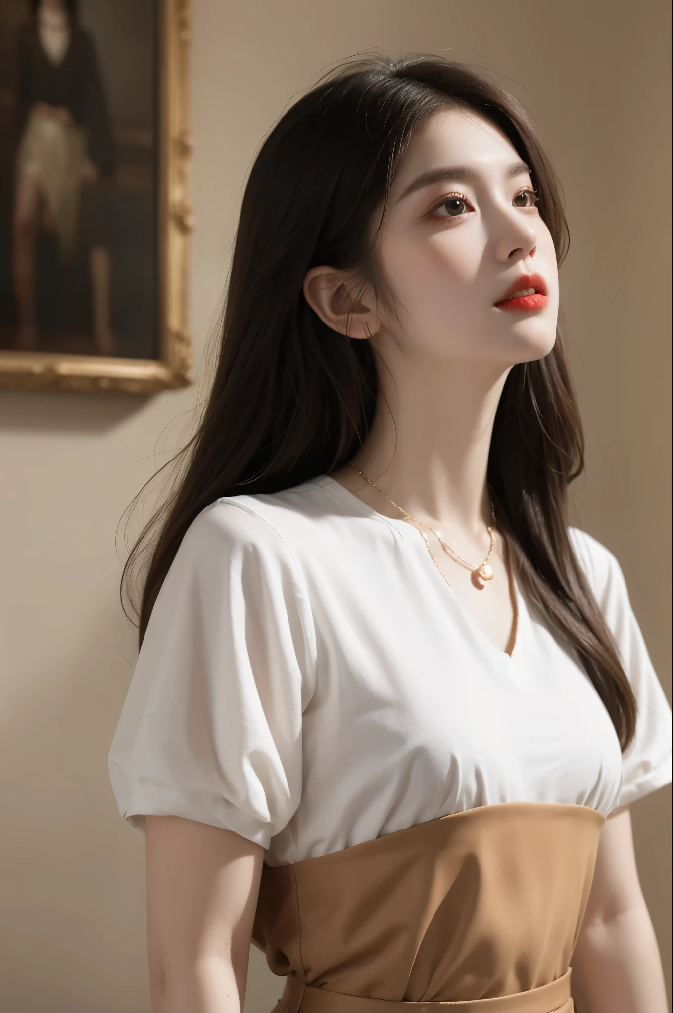 Master Works, Masterpiece, High Quality, High Definition, 32K，A girl, bust, upper body, white body shirt, eyes, fair skin, delicate makeup, necklace, long  hair