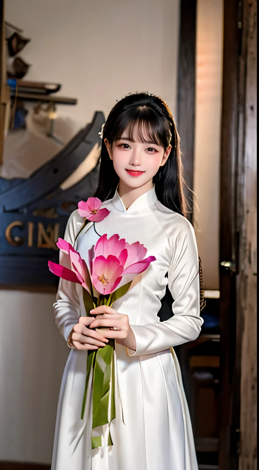 1girl, aodai yellow dress, photo art, (flower:1.2),a stunning photo with beautiful saturation, ultra high res,(realistic:1.4)),deep shadow,(best quality, masterpiece), pale skin, dimly lit, shade, flustered, blush, highly detailed, skinny, BREAK depth of field, film grain, wrinkled skin, looking at viewer, knee, warm smile, (upper body:1.2), masterpiece,ultra realistic,32k,extremely detailed CG unity 8k wallpaper, best quality