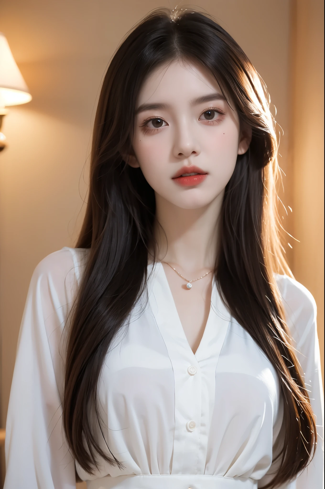 Master Works, Masterpiece, High Quality, High Definition, 32K，A girl, bust, upper body, white body shirt, eyes, fair skin, delicate makeup, necklace, long  hair