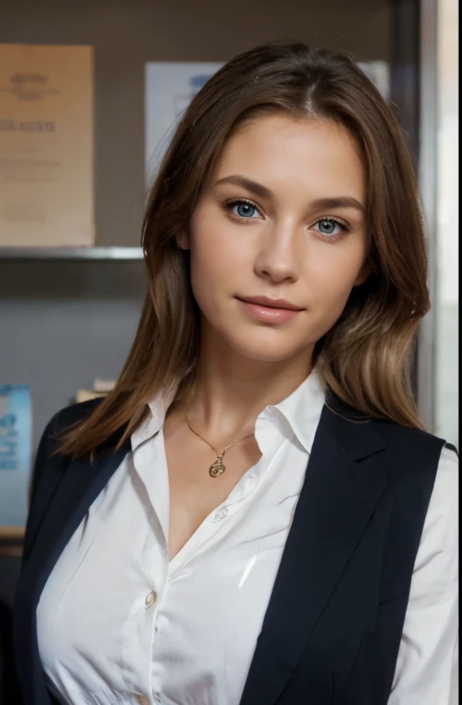 portrait realistic of a beautiful very young 40-year-old french girl, face camera, Fitness thin, with blond hair and striking grey blue eyes',clean face skin,soft face,fresh face white Skin color, tooth smile, Almond Eyes Style, Atractive Looking, dressed in hostess uniform, white blouse and black suit vest closed, holding and showing some notebooks in his hands, golden hour sunlight. The background in a stationery store.Soft spot Light in the back of her, Capture this image with a high-resolution photo using an 85mm lens for a nice perspective
