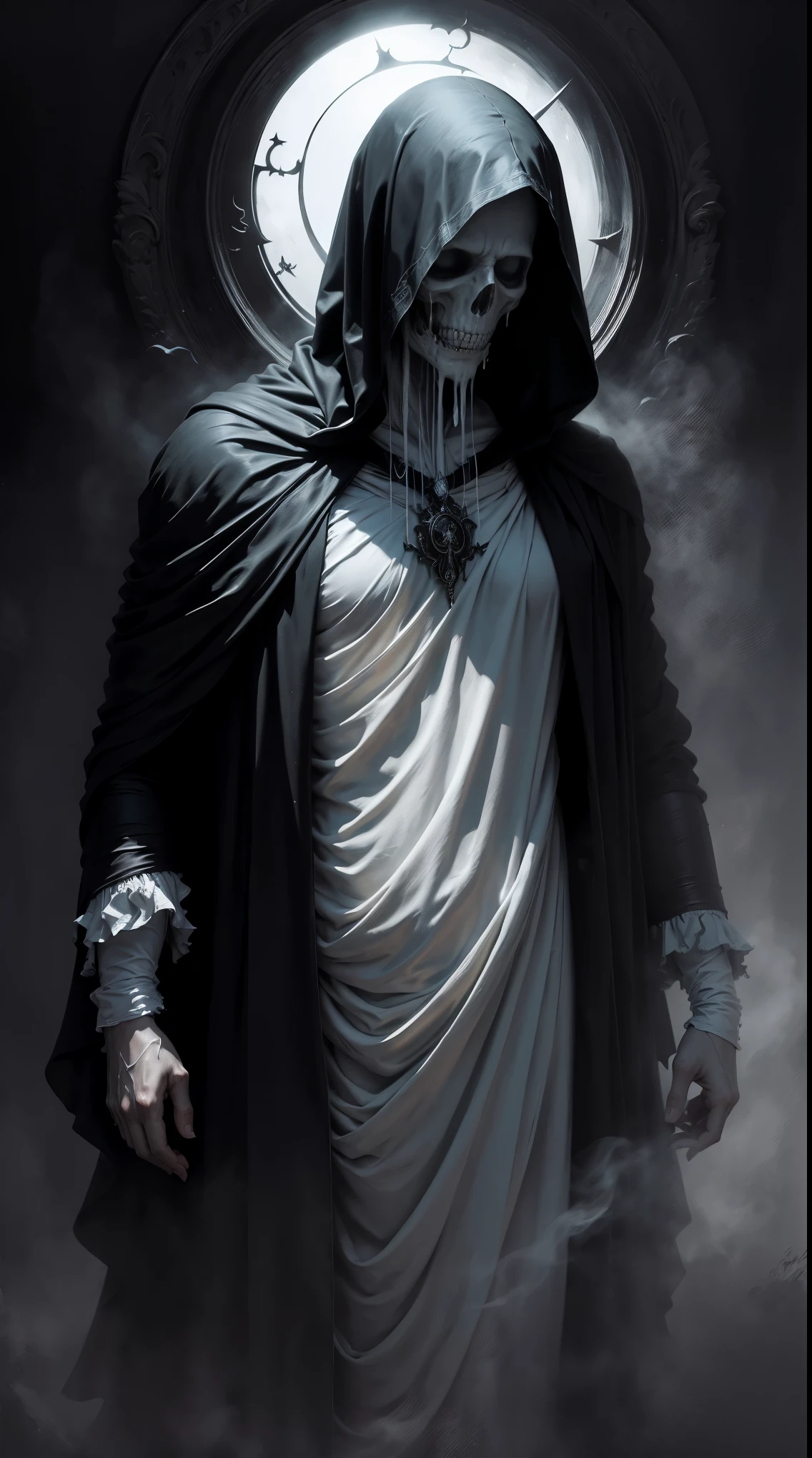 Striking illustration of the Angel of Death., A mysterious and ethereal figure who guards the threshold between life and death.. His presence is enigmatic and powerful...., con alas inmensas que se extienden hacia el horizonte y una mirada penetrante que transmite serenidad y temor. He uses cool tones and deep shadows to emphasize his ethereal nature and his connection to the realm of death......(dark lighting), ( ethereal lighting),(Spectral illumination)