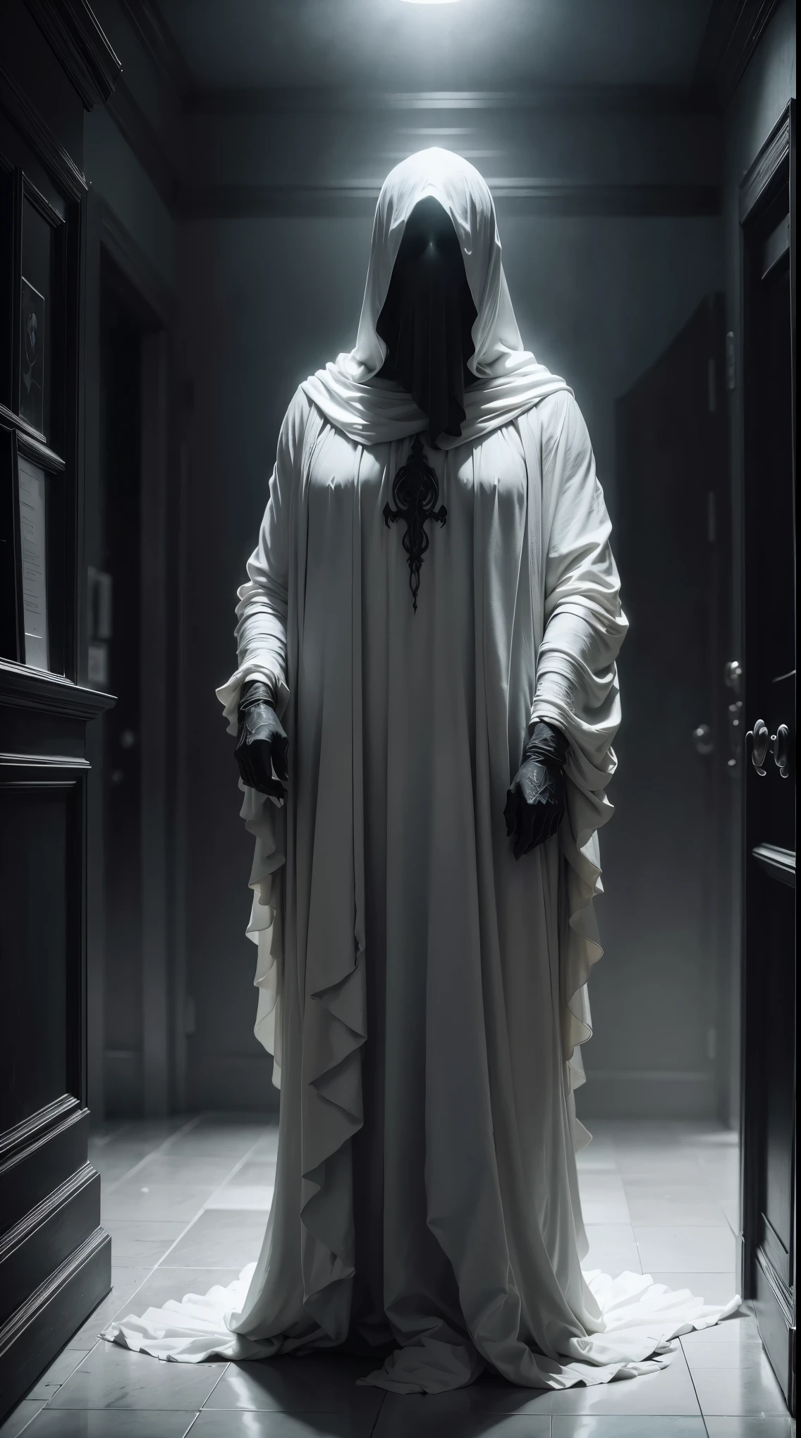 Striking illustration of the Angel of Death., A mysterious and ethereal figure who guards the threshold between life and death.. His presence is enigmatic and powerful...., con alas inmensas que se extienden hacia el horizonte y una mirada penetrante que transmite serenidad y temor. He uses cool tones and deep shadows to emphasize his ethereal nature and his connection to the realm of death......(dark lighting), ( ethereal lighting),(Spectral illumination)