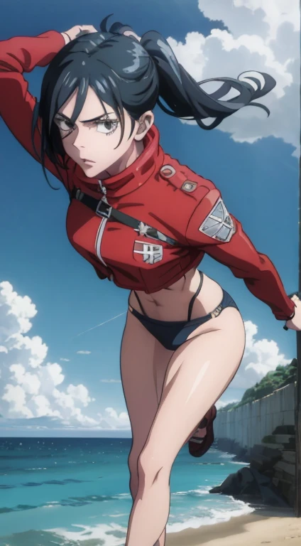 Crea a personaje de anime Mikasa de Attack on Titans, en la playa.  full body looking at the camera with seductive face and in a swimsuit, cara perfecta, cuerpo perfecto, 1 girl, 4k anime
