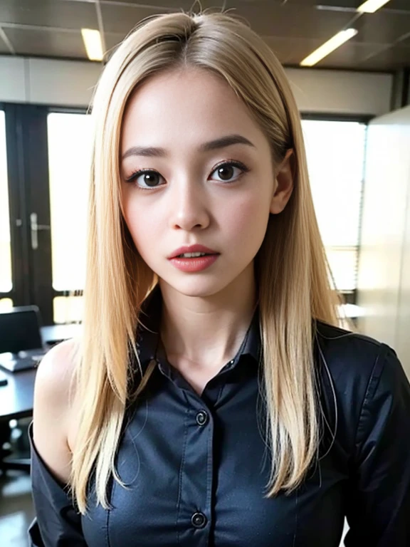 (best quality, 8k, highres, photorealistic:2.0), (solo, one girl:2.0),(lighting: front),(lighting: strong),(ultimate beautiful girl:2.0),(shiny skin),(oily skin),(platinum blonde hair:1.5),(straight hair:2.0),Blush brown makeup , dark eye makeup , use pink glossy lipstick,(big eyes girl:1.5),(thin woman:1.5),(Photographed in the sophisticated office of an information technology company:1.8),(elite business woman:1.8),(Career woman who can work very well),(I'm so absorbed in work that I don't have a boyfriend),(woman not interested in love),(I'm not interested in fashion),(I wear accessories that do not interfere with my work.),(she has no love experience at all),(she feels alone),(She is not good at talking to men),(she is shy and silent),(I don't want to stand out and I'm concerned about people's attention),(She has a dark personality and negative thoughts.:1.5),(she suffers from depression),(She has many complexes and has no one to rely on.),(intelligent woman:1.5),(A woman who takes her work seriously),(I'm a little unwell),(I like coffee and drink it all the time),(mentally unstable),(I have a hard time with insomnia.),(unpopular woman),(unconfident:1.5),(want pure love),(plain and introverted woman:1.3),(She has a hobby that she cannot tell anyone about, and that is .),(she is pure:1.5),(Prefer clothes suitable for office work),(A woman whose life is difficult),(A woman exhausted from long working hours)