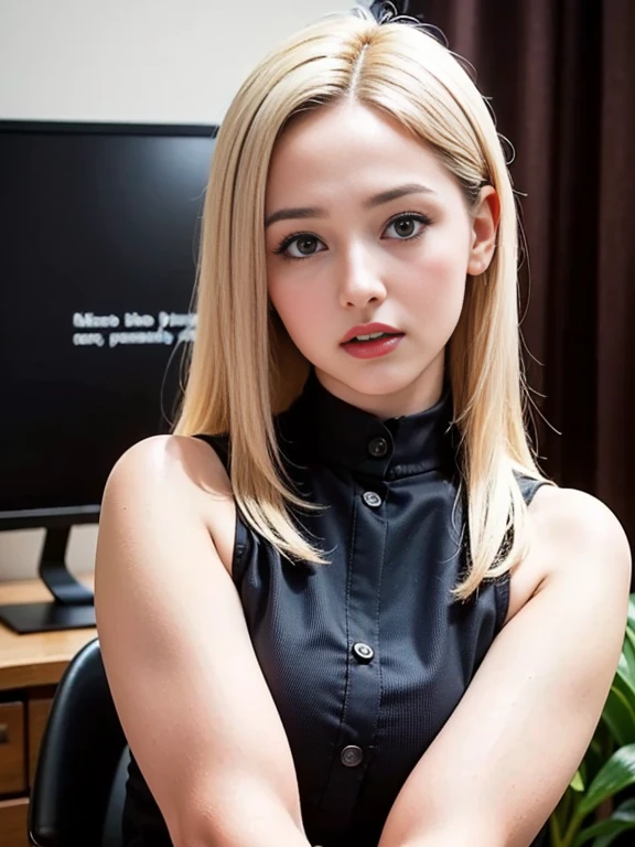 (best quality, 8k, highres, photorealistic:2.0), (solo, one girl:2.0),(lighting: front),(lighting: strong),(ultimate beautiful girl:2.0),(shiny skin),(oily skin),(platinum blonde hair:1.5),(straight hair:2.0),Blush brown makeup , dark eye makeup , use pink glossy lipstick,(big eyes girl:1.5),(thin woman:1.5),(Photographed in the sophisticated office of an information technology company:1.8),(elite business woman:1.8),(Career woman who can work very well),(I'm so absorbed in work that I don't have a boyfriend),(woman not interested in love),(I'm not interested in fashion),(I wear accessories that do not interfere with my work.),(she has no love experience at all),(she feels alone),(She is not good at talking to men),(she is shy and silent),(I don't want to stand out and I'm concerned about people's attention),(She has a dark personality and negative thoughts.:1.5),(she suffers from depression),(She has many complexes and has no one to rely on.),(intelligent woman:1.5),(A woman who takes her work seriously),(I'm a little unwell),(I like coffee and drink it all the time),(mentally unstable),(I have a hard time with insomnia.),(unpopular woman),(unconfident:1.5),(want pure love),(plain and introverted woman:1.3),(She has a hobby that she cannot tell anyone about, and that is masturbation.),(she is pure:1.5),(Prefer clothes suitable for office work),(A woman whose life is difficult),(A woman exhausted from long working hours)
