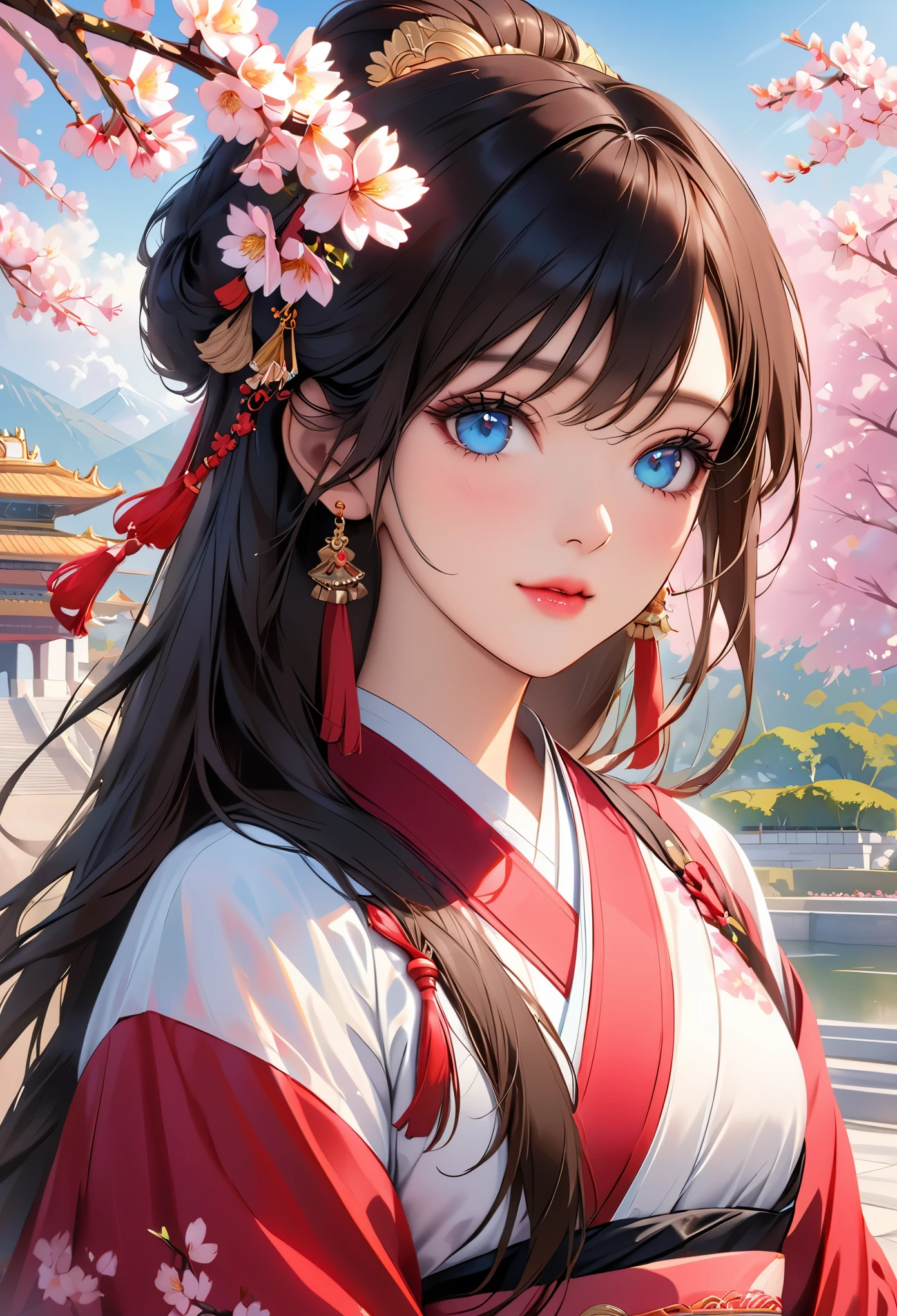 realistic, High resolution, 1 female, Indian、royal palace、glowing skin, alone, jewelry, pink lips, long hair, blue eyes, closed mouth, hip up, Hanfu, cherry blossoms