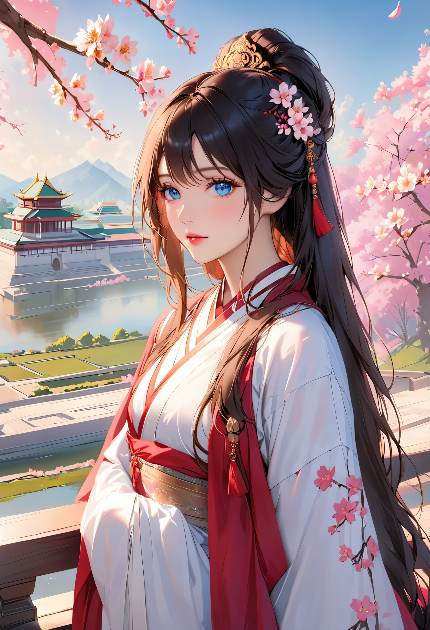 realistic, High resolution, 1 female, Indian、royal palace、glowing skin, alone, jewelry, pink lips, long hair, blue eyes, closed mouth, hip up, Hanfu, cherry blossoms