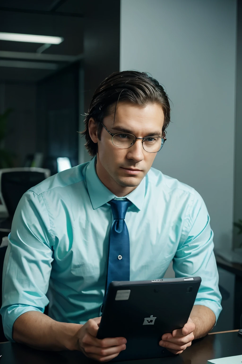 business white man working in an office in front of a laptop, lime green and navy blue tones. fundo claro, com letras caindo estilo matrix. estilo criativo. you can see other people in the office.