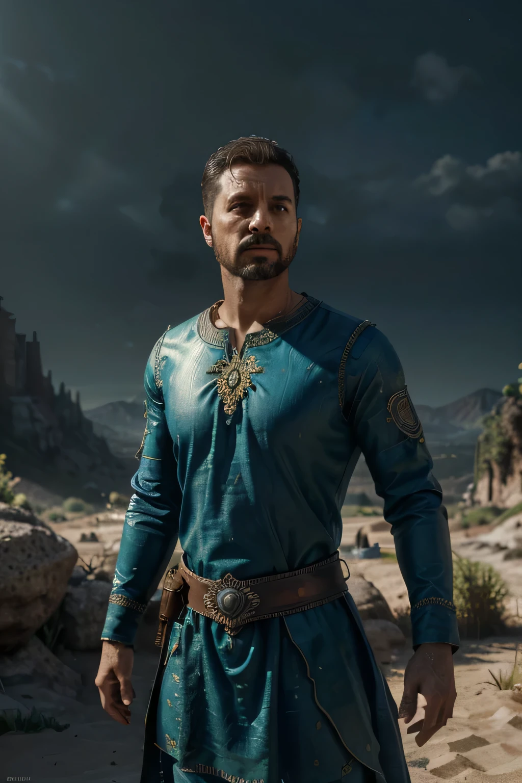 Image of the biblical character, homem de 35 anos, Brave appearance, Standing, pose destemida, camera de longe((wearing tunic)), lighting coming towards you from the clouds, ((ambiente com montanhas)), (professional 3d rendering: 1.3)(Realista: 1.3) ((luz de fundo, ambiente majestoso)), ((8k corpo todo unit rendering)), rosto detalhado, (vibrante, Sobre Fotoreal, Realista, Dramatic, escuro, sharp focus, 8K), (intricado: 1.4), Deteriorado, (altamente detalhado: 1.4), pintura digital, octane rendering, art stations, arte conceitual, Concentre-se na suavidade, clear illustrations (Global illumination, studio light, volumetric light)