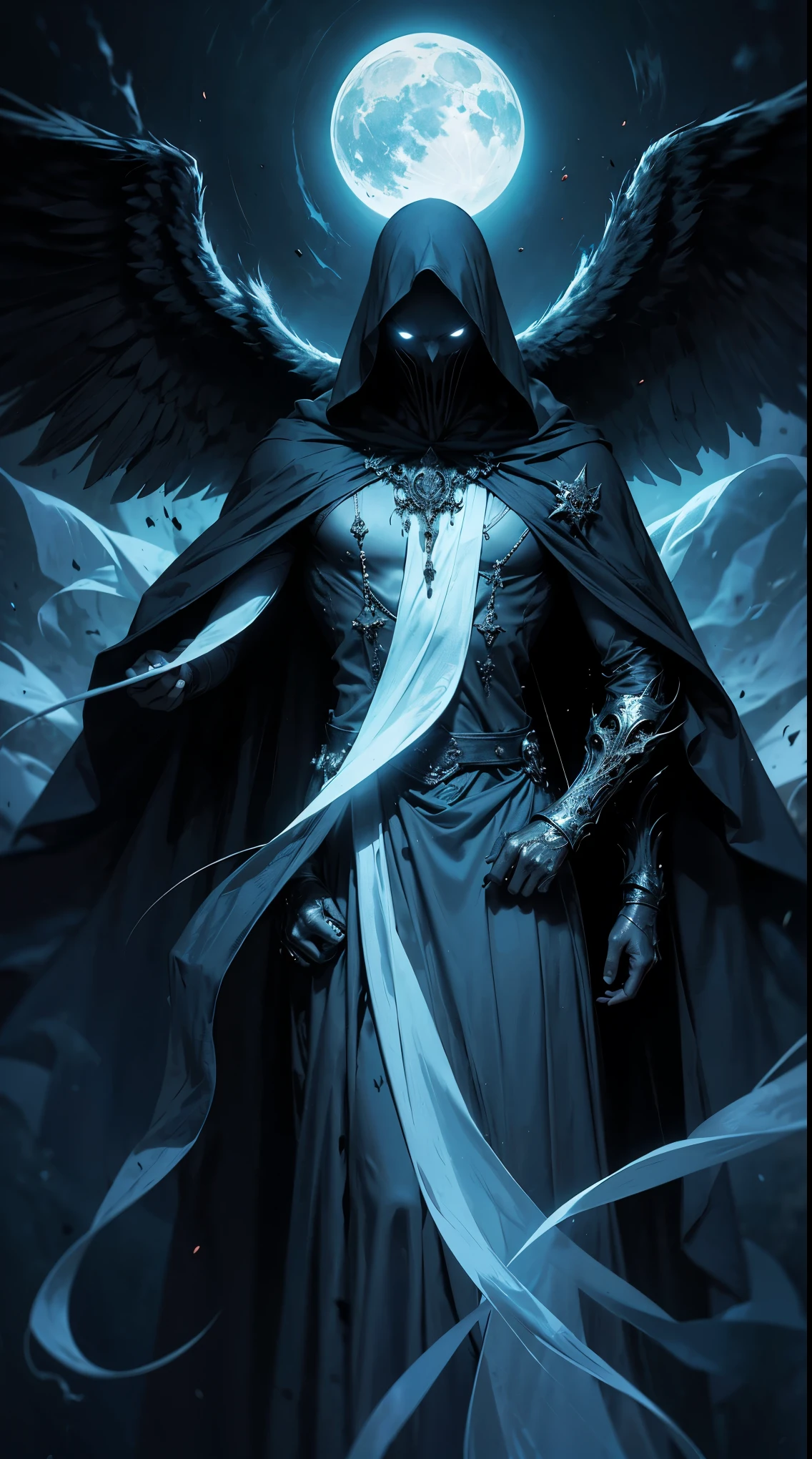 Striking illustration of the Angel of Death., A mysterious and ethereal figure who guards the threshold between life and death.. His presence is enigmatic and powerful...., con alas inmensas que se extienden hacia el horizonte y una mirada penetrante que transmite serenidad y temor. He uses cool tones and deep shadows to emphasize his ethereal nature and his connection to the realm of death......(dark lighting), ( ethereal lighting),(Spectral illumination)