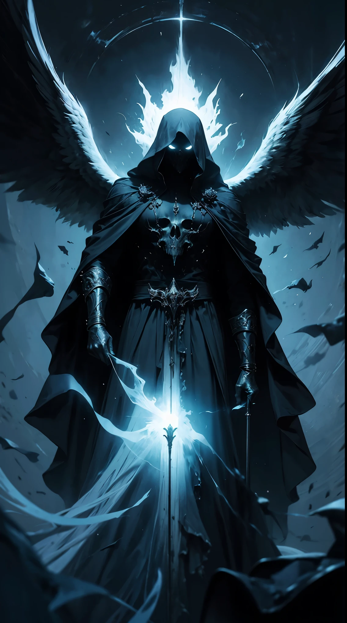 Striking illustration of the Angel of Death., A mysterious and ethereal figure who guards the threshold between life and death.. His presence is enigmatic and powerful...., con alas inmensas que se extienden hacia el horizonte y una mirada penetrante que transmite serenidad y temor. He uses cool tones and deep shadows to emphasize his ethereal nature and his connection to the realm of death......(dark lighting), ( ethereal lighting),(Spectral illumination)