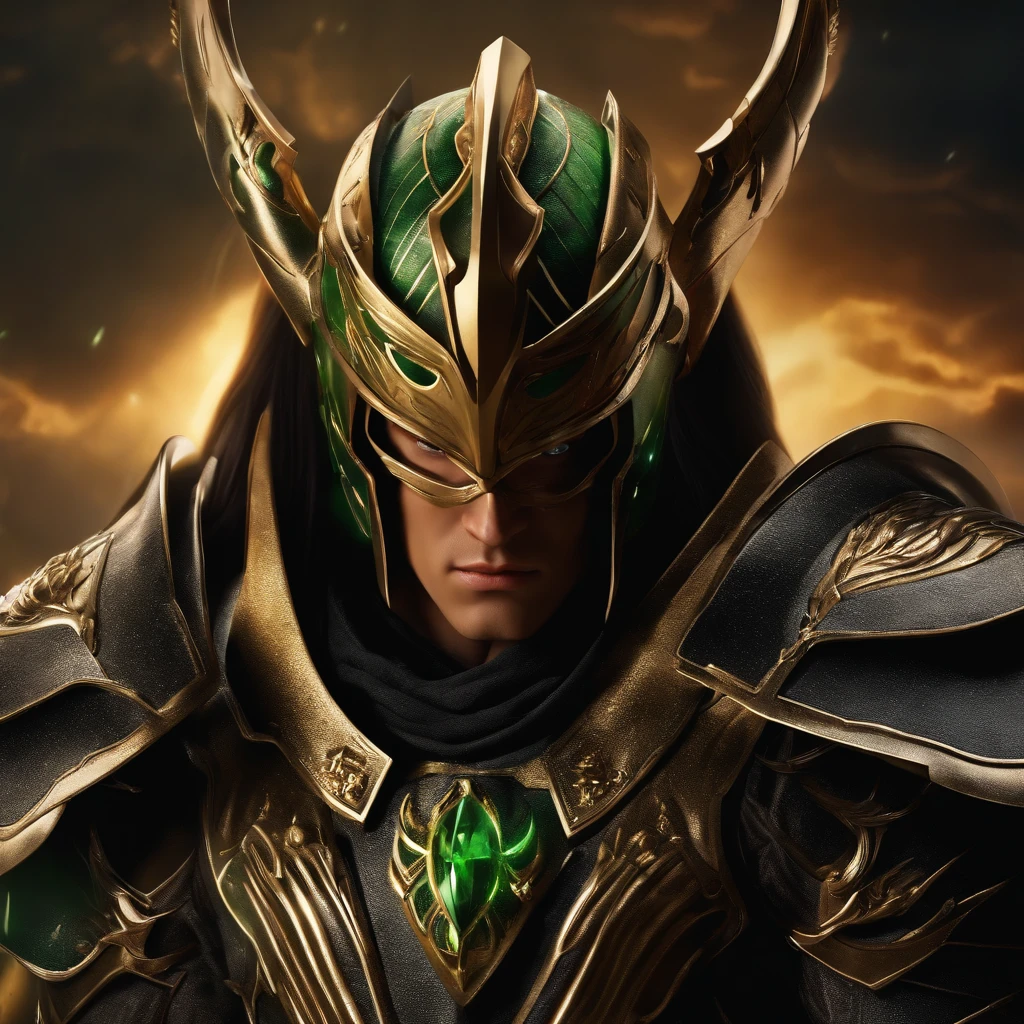 (best quality,4k,8k,highres,masterpiece:1.2),ultra-detailed,(realistic,photorealistic,photo-realistic:1.37), HDR, UHD, studio lighting, ultra-fine painting, sharp focus, physically-based rendering, extreme detail description, professional, vivid colors, bokeh, portraits, (1men), wearing a heavy knight armor, scorpion armor, intricate black and gold armor details, intricate beautiful green fields, legendary, futuristic, saint seiya, long brown hair, muscular, power pose, highly detailed background, fire in the eyes, aura power, highly detailed, walking pose, walking in front of his troops