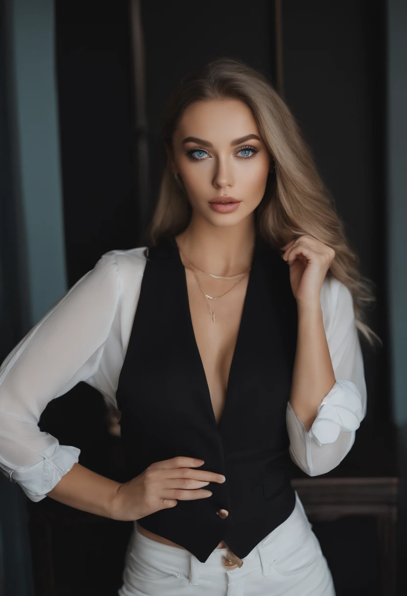 Woman wearing matching vest and, sexy blue eyes girl, portrait of sophie mudd, Corinna Kopf portrait, Blonde hair and big eyes, Selfie of a young woman, The eyes of the club Violet Myers, Oh makeup, natural makeup, looking directly at camera, Face Artgram, subtle makeup, Stunning full body shots, in bedroom, split