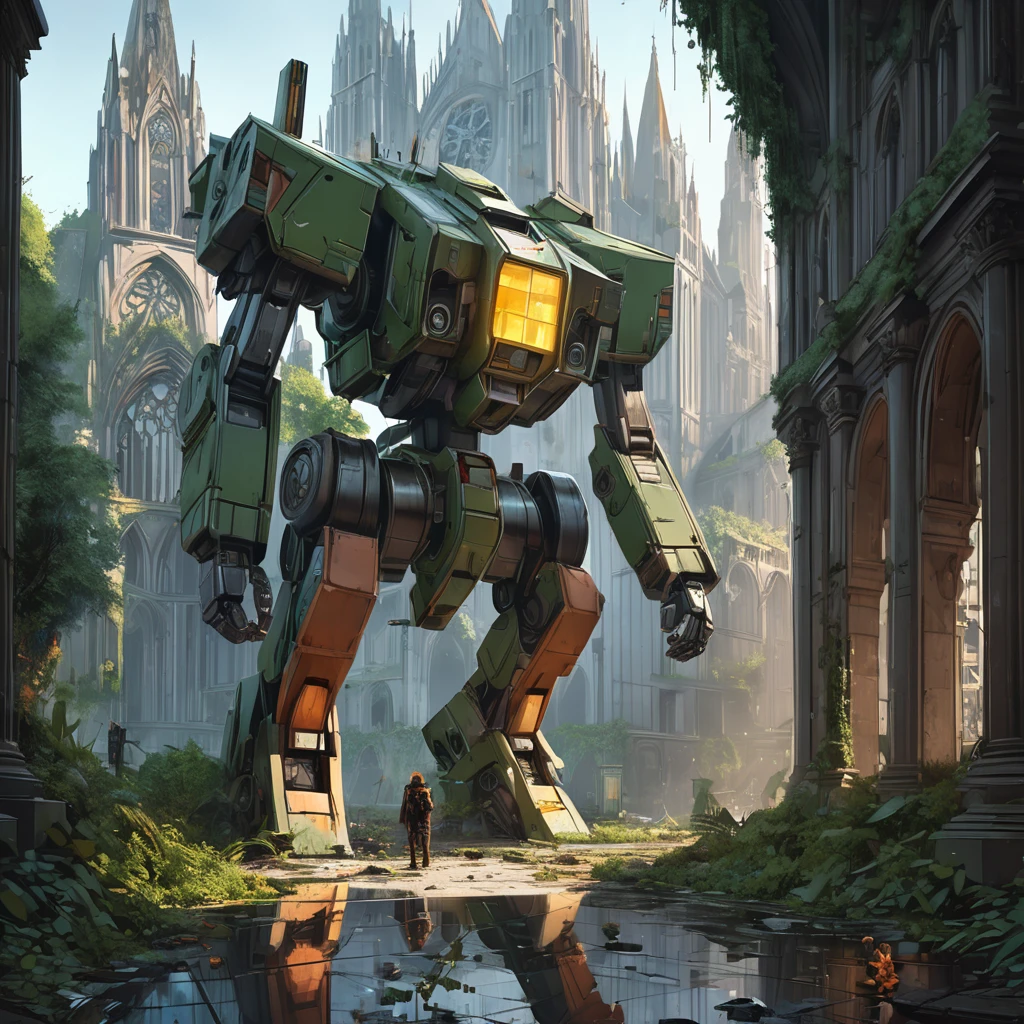 Abandoned Mech, aesthetic, extremely detailed, eye catching, drab, abandoned cathedral ruin, broken stained glass on the floor. Overgrown, city ruins, deer in the courtyard, a breathtaking artwork by Jean Baptiste Monge, Andree Wallin, Thomas Kincade, Geoffroy Thoorens, Krenz Cushart, Epic scale, highly detailed, clear environment, triadic colors cinematic light 16k resolution, Giant mecha robot rabbit abandoned!! :: concept art, 16k resolution digital art by Klaus Wittmann, Alejandro Burdisio, Ismail Inceoglu, Jeremy Mann, Ilya Kuvshinov, highly detailed, hyperrealistic, volumetric lighting, Muted colors, striking, beautifully lit, smooth sharp focus, trending on Artstation