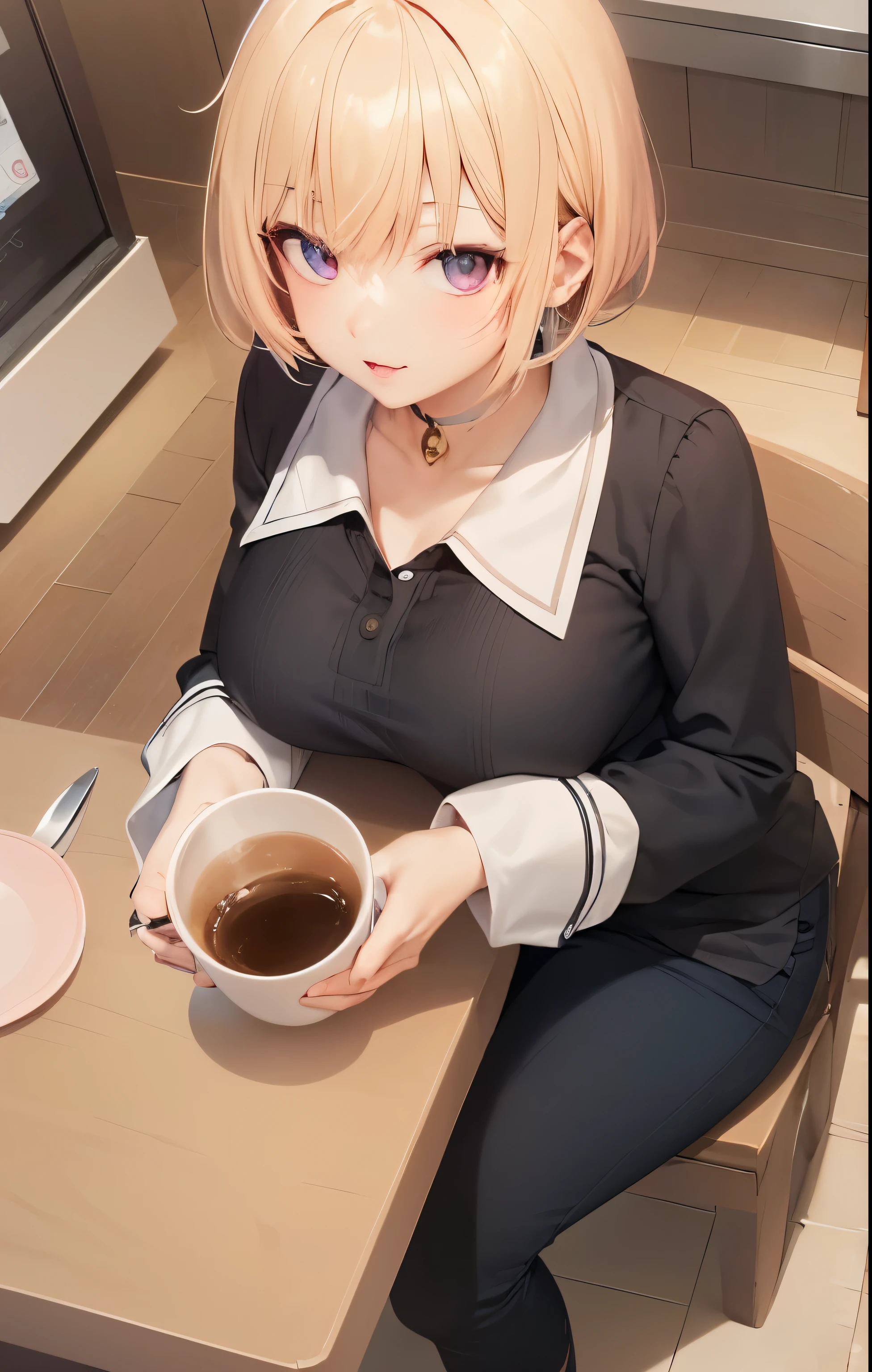 anime girl sitting at a table with a cup of coffee, drinking coffee, drinking a coffee, mysterious coffee shop girl, drinking a cup of coffee, morning coffee, portrait of morning coffee, hot coffee, sitting in a cafe, with a drink, is ((drinking a cup of tea)), detailed digital anime art, clean detailed anime art, smooth anime cg art (PINK EYES) (RED HAIR) (CAT EARS) (BEAUTIFUL WOMAN)