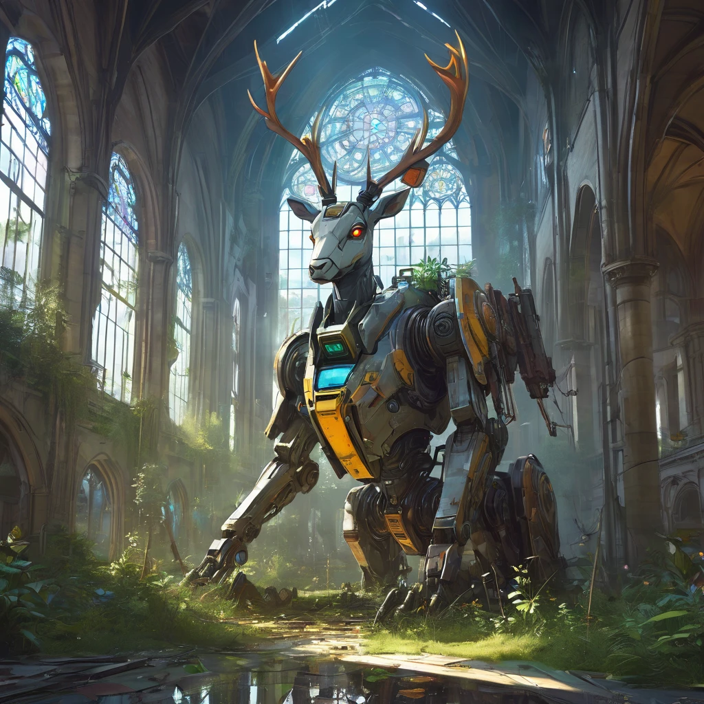 Abandoned Mech, aesthetic, extremely detailed, eye catching, drab, abandoned cathedral ruin, broken stained glass on the floor. Overgrown, city ruins, deer in the courtyard, a breathtaking artwork by Jean Baptiste Monge, Andree Wallin, Thomas Kincade, Geoffroy Thoorens, Krenz Cushart, Epic scale, highly detailed, clear environment, triadic colors cinematic light 16k resolution, Giant mecha robot rabbit abandoned!! :: concept art, 16k resolution digital art by Klaus Wittmann, Alejandro Burdisio, Ismail Inceoglu, Jeremy Mann, Ilya Kuvshinov, highly detailed, hyperrealistic, volumetric lighting, Muted colors, striking, beautifully lit, smooth sharp focus, trending on Artstation