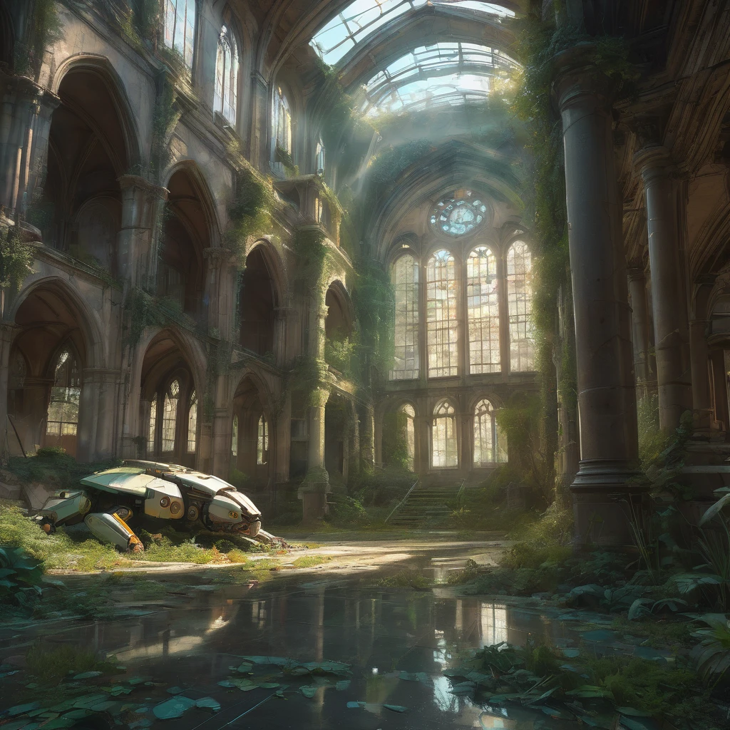 Abandoned Mech, aesthetic, extremely detailed, eye catching, drab, abandoned cathedral ruin, broken stained glass on the floor. Overgrown, city ruins, deer in the courtyard, a breathtaking artwork by Jean Baptiste Monge, Andree Wallin, Thomas Kincade, Geoffroy Thoorens, Krenz Cushart, Epic scale, highly detailed, clear environment, triadic colors cinematic light 16k resolution, Giant mecha robot rabbit abandoned!! :: concept art, 16k resolution digital art by Klaus Wittmann, Alejandro Burdisio, Ismail Inceoglu, Jeremy Mann, Ilya Kuvshinov, highly detailed, hyperrealistic, volumetric lighting, Muted colors, striking, beautifully lit, smooth sharp focus, trending on Artstation