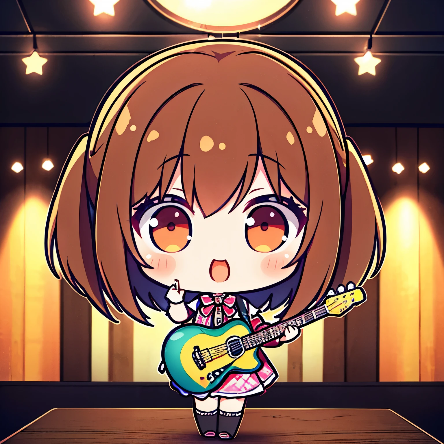 "(best quality, highres, masterpiece:1.2), ultra-detailed, realistic:1.37, portrait, cute chibi characters, adorable 3D dolls, talented girl playing acoustic guitar and singing, medium bob hairstyle, brown hair, 3D dolls:1.1, vibrant livehouse scene, professional, vivid colors, stage lighting, cozy atmosphere"