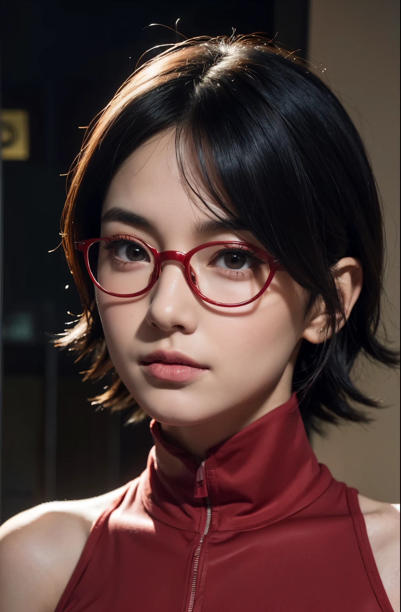 1 girl, create a character (uchiha sarada) with photo realistic, real life, features, wearing red glasses, red glasses accessories, short hair, left swept bangs, with medium length left sponge hairstyle, cute face, beautiful teenager, glowing skin , dark red eye lenses, pink lips/lipstick, camera screen selfie expression, with a sweet thin smile, half body, sexy body, large/medium breasts, photo size: 6-19, Tokyo Street, night, city view, lights city, upper body, RAW photo, best quality, masterpiece, realistic, photo-realistic, plain yellow hoodie, half body, bangs, jet black puff, freestyle photo ,(highres,masterpiece:1.2),ultra-detailed,realistic,professional,beautiful detailed eyes,beautiful detailed lips,dark hair,short black hair,red glasses,stunning black eyes,clear skin,18-year-old girl,fashionable short hairstyle,vibrant red glasses,Shinobi Academy,fierce determination,confident posture,crimson outfit, background filled with ninjutsu techniques,shadows cleverly accentuating her features,subtle studio lighting,sublime realism,striking color tones, arm up, hairy armpits,
