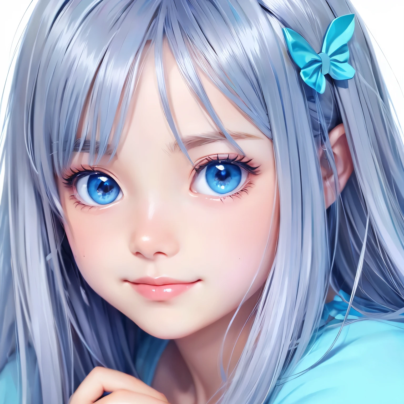 An illustration、girl、gray hair、blue eyes、cute、young、beautiful girl、anime