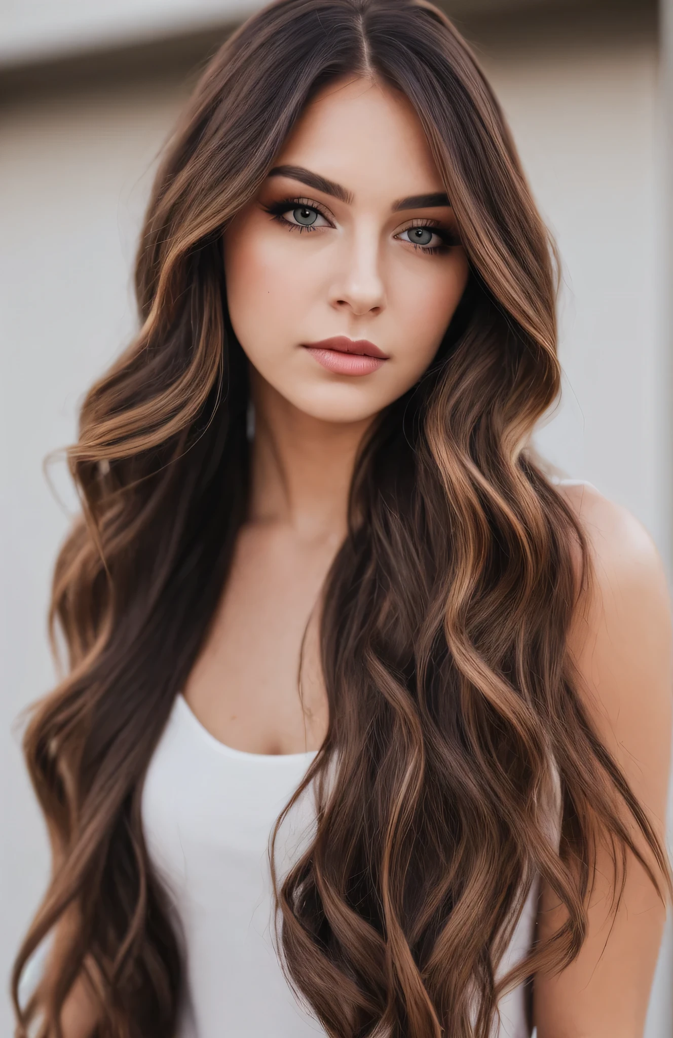 woman,cute,lips,long hair,looking at viewer,makeup,nose,realistic,solo,upper body,raw photo,studio_shot,8k uhd,dslr,soft lighting,high quality,film grain