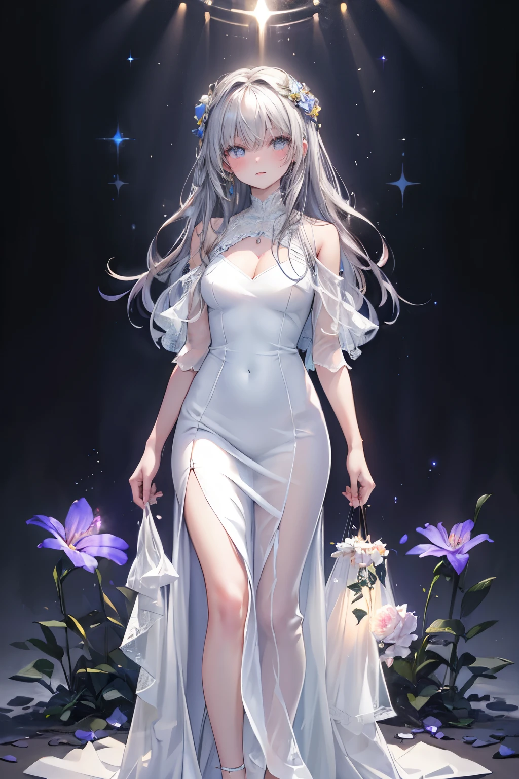best quality, high-res, ultra-detailed), beautiful woman, detailed face, detailed eyes, long sparkling dress, night background with light and flowers, neon colors, portraits, soft and warm color tones, ambient lighting, full body, walking