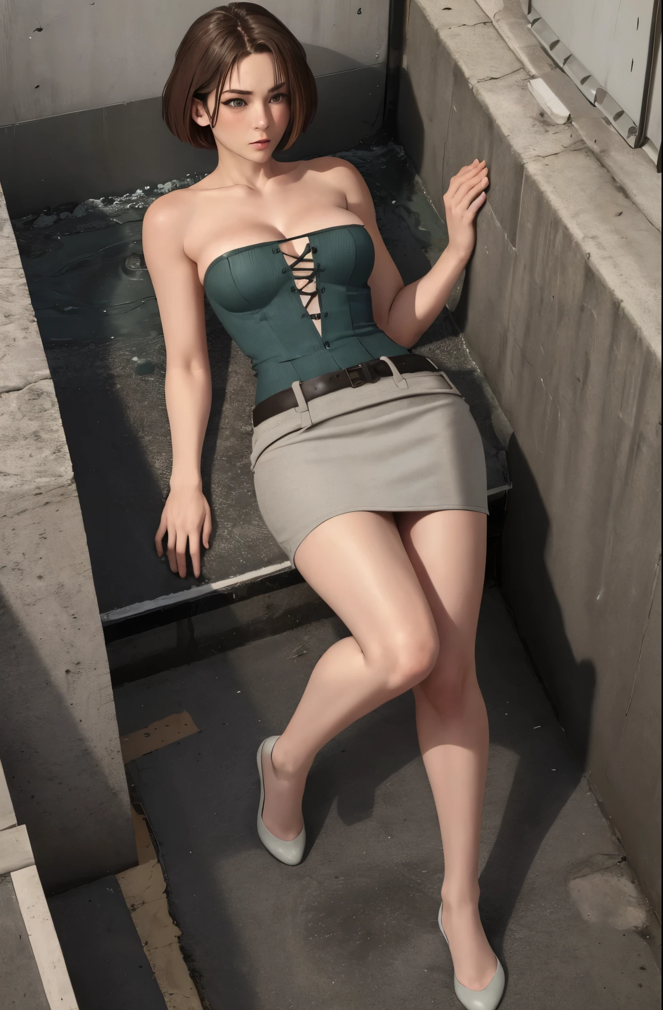 masterpiece, best quality, giantess, 1girl, solo, standing, jillre3og, tube top, cleavage, waist clothing, miniskirt, strapless, lying on the floor