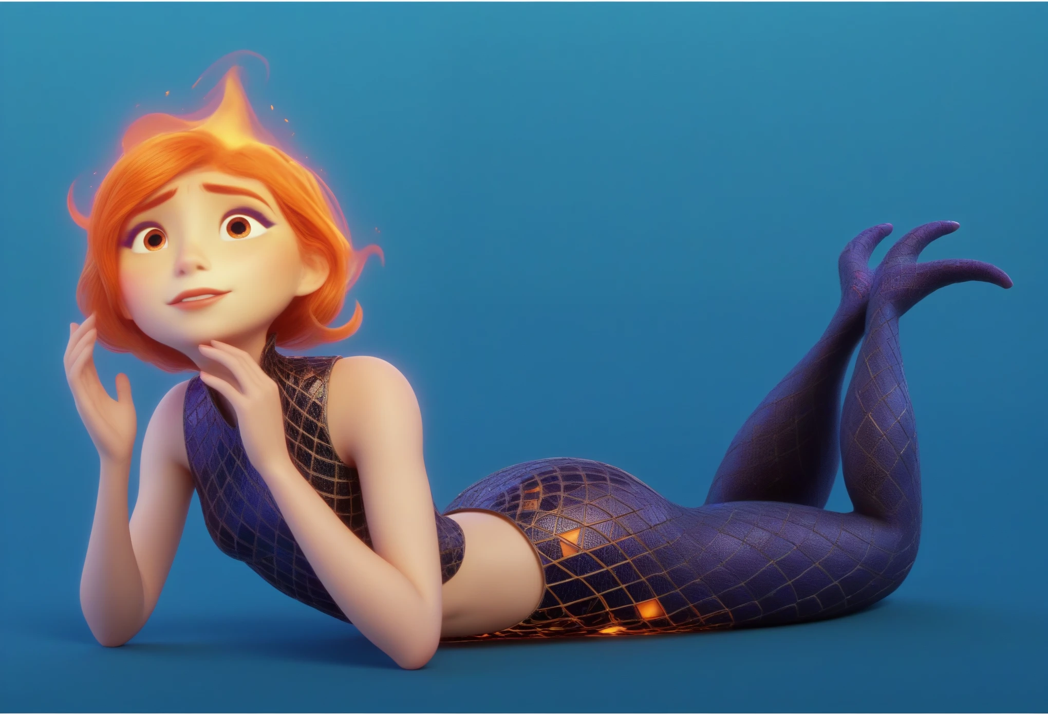 ember lumen lying on her stomach, super detailed ember lumen body, super detailed ember lumen dress with legs, intricate details, pixar movie cgi vfx, masterpiece 3d render