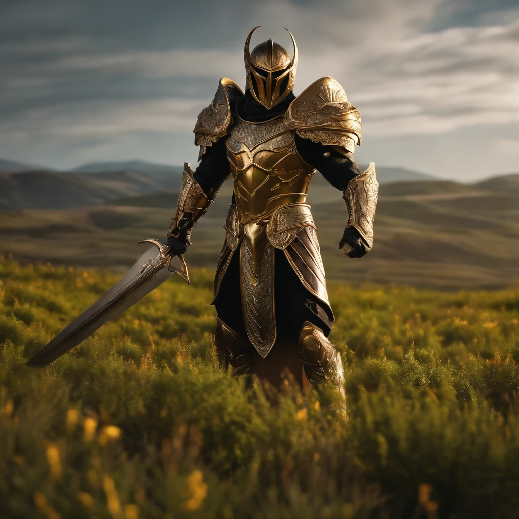 (best quality,4k,8k,highres,masterpiece:1.2),ultra-detailed,(realistic,photorealistic,photo-realistic:1.37), HDR, UHD, studio lighting, ultra-fine painting, sharp focus, physically-based rendering, extreme detail description, professional, vivid colors, bokeh, portraits, (1men), wearing a heavy knight armor, scorpion armor, intricate black and gold armor details, majestic long swords, majestic shield, intricate beautiful green fields, legendary, futuristic, saint seiya, long brown hair, muscular, power pose, highly detailed background, fire in the eyes, aura power, highly detailed, walking pose, walking in front of his troops