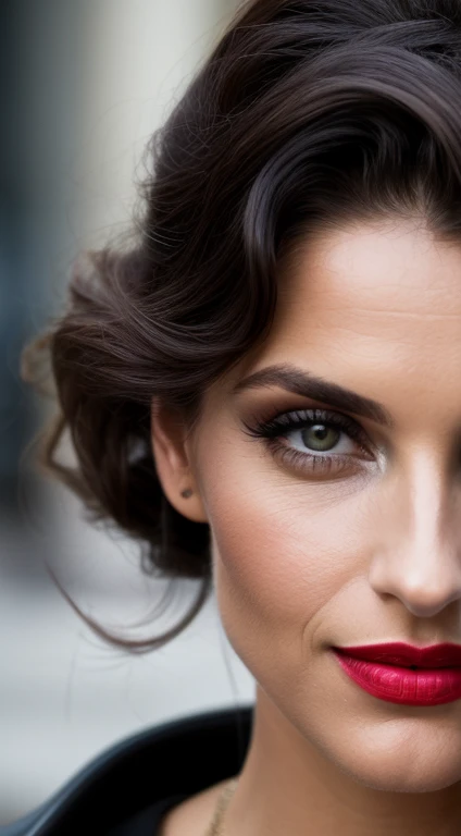 sombre et sombre, 8K, close-up photo of a very beautiful 30 year old brunette Brazilian CEO in a dark and gloomy street at night in the background, (realistic dark brown hair over shoulder), se maquiller, Red lips, yeux sombres, (Chanel Black Realistic Blazer Suit Closed), (elegant black dress inside the coat), (closed clothing), vue frontale, Regarder sérieusement l’auditoire, pose dynamique, hyper realistic,{extremely beautiful olive skin}, (highly detailed skin: 1.2) {{{chef-d'artwork}}}, Realistic texture, composition dynamique, Fujifilm XT2, 85mm F1.2, Vitesse d'obturation 1/80, (Bokeh), high contrast