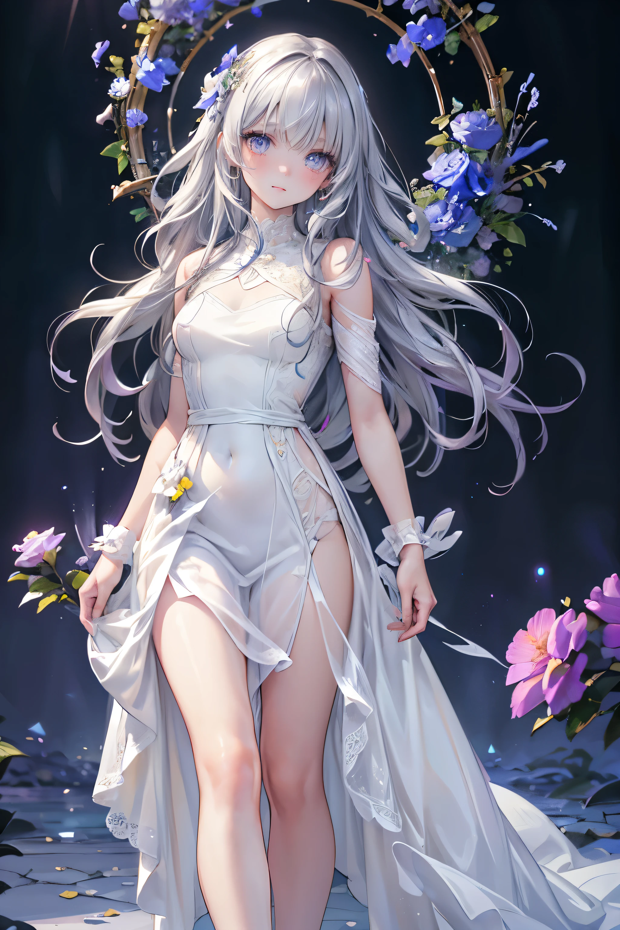best quality, high-res, ultra-detailed), beautiful woman, detailed face, detailed eyes, long sparkling dress, night background with light and flowers, neon colors, portraits, soft and warm color tones, ambient lighting, full body, walking