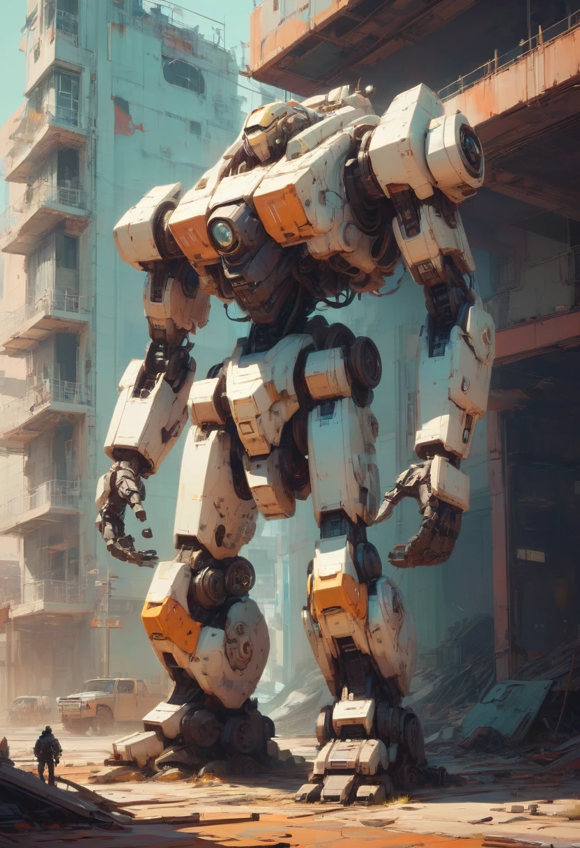 Abandoned Mech by James Gilleard, best quality, masterpiece, Representative work, official art, Professional, Ultra intricate detailed, 8k