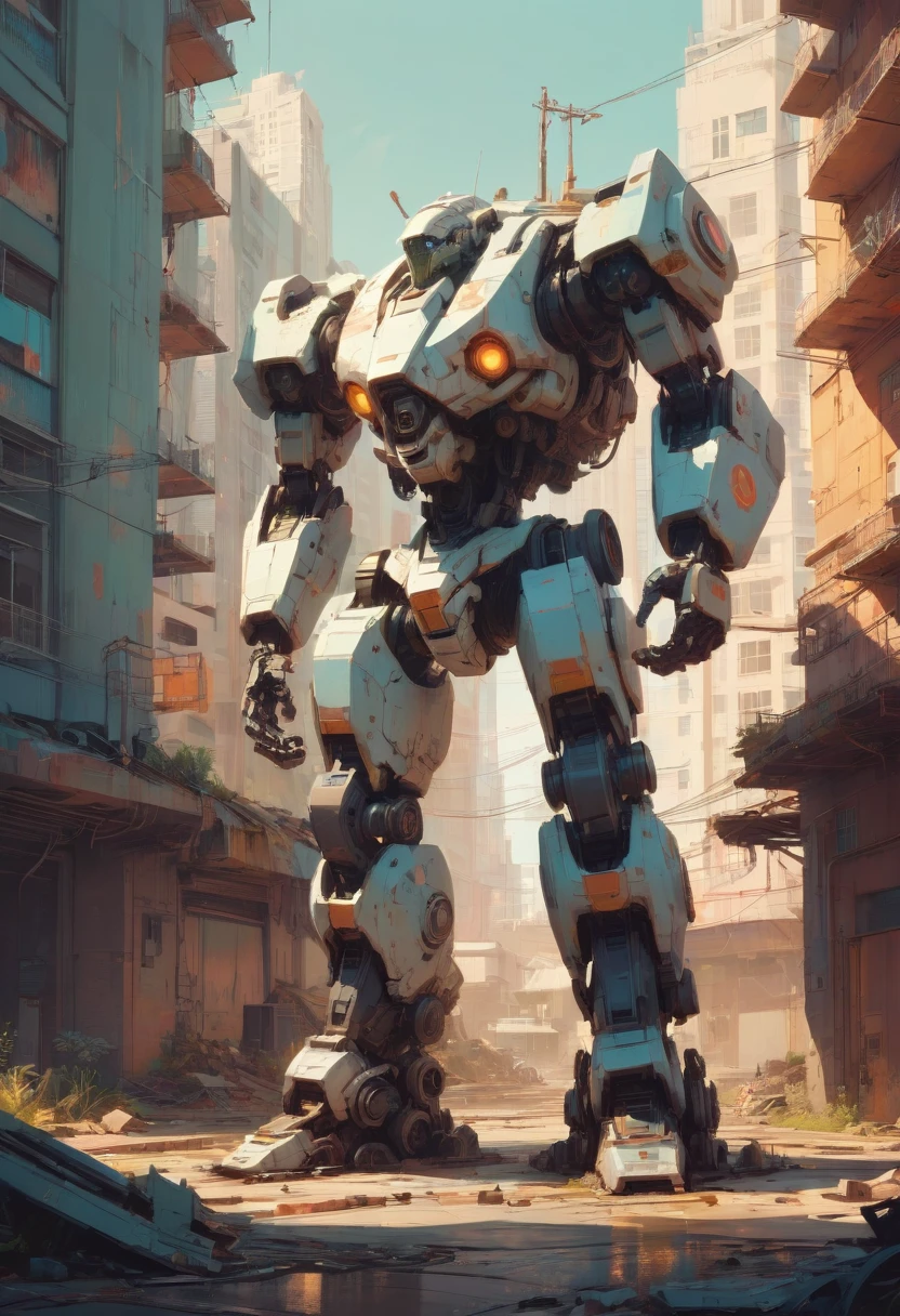 Abandoned Mech by James Gilleard, best quality, masterpiece, Representative work, official art, Professional, Ultra intricate detailed, 8k